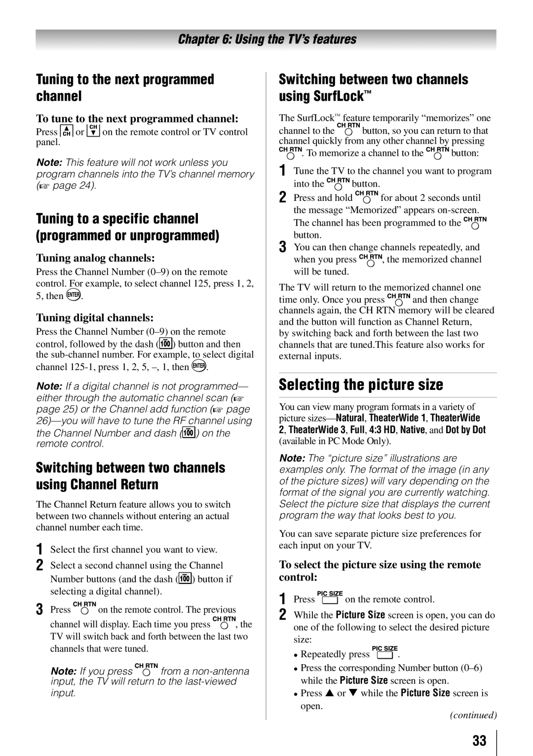 Toshiba 55HT1U owner manual Selecting the picture size, Tuning to the next programmed channel 