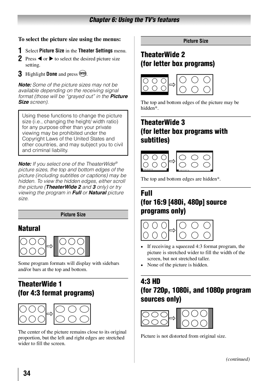 Toshiba 55HT1U owner manual Natural, TheaterWide For 43 format programs, TheaterWide For letter box programs 