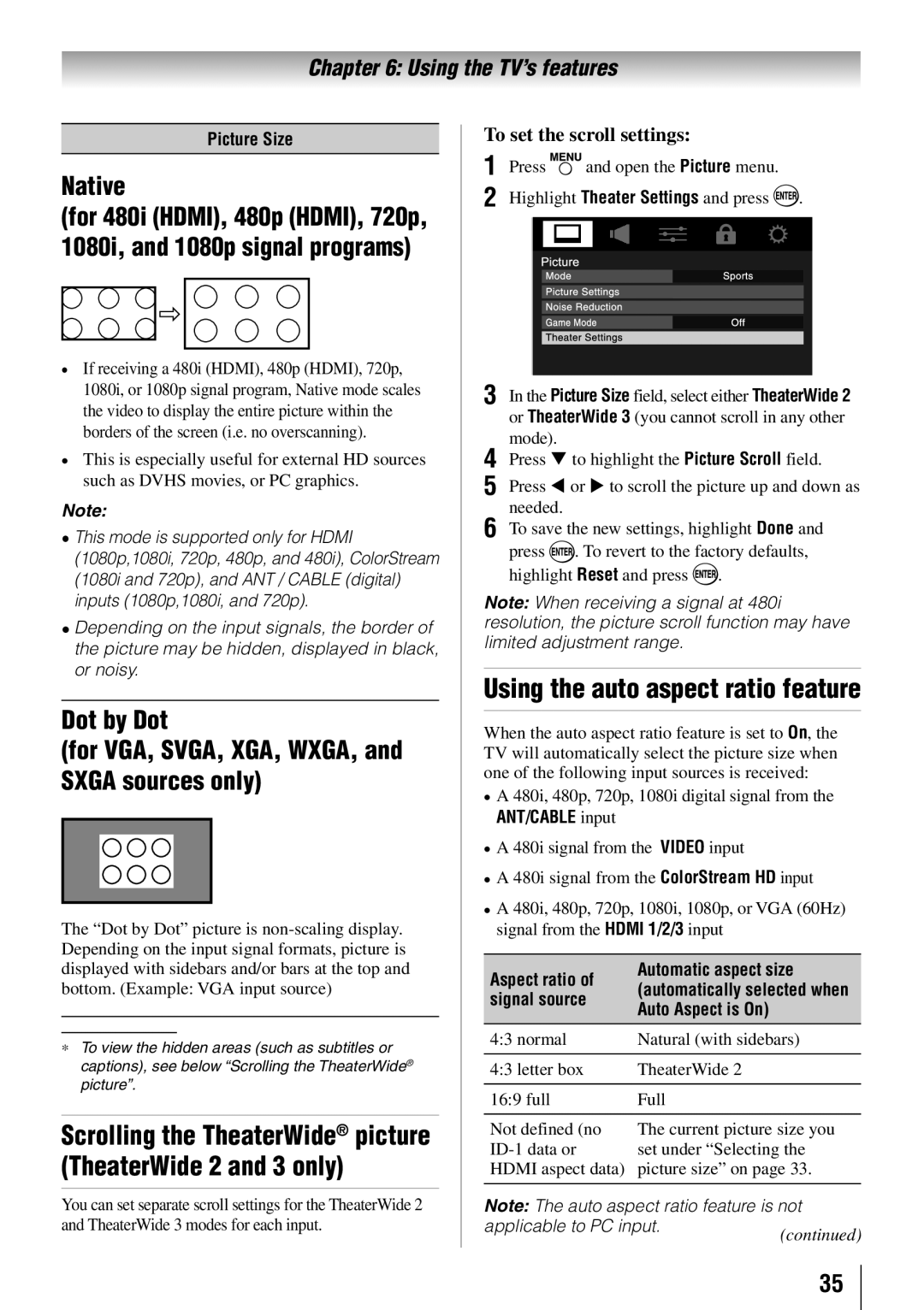 Toshiba 55HT1U Using the auto aspect ratio feature, Native, Dot by Dot For VGA, SVGA, XGA, WXGA, and Sxga sources only 