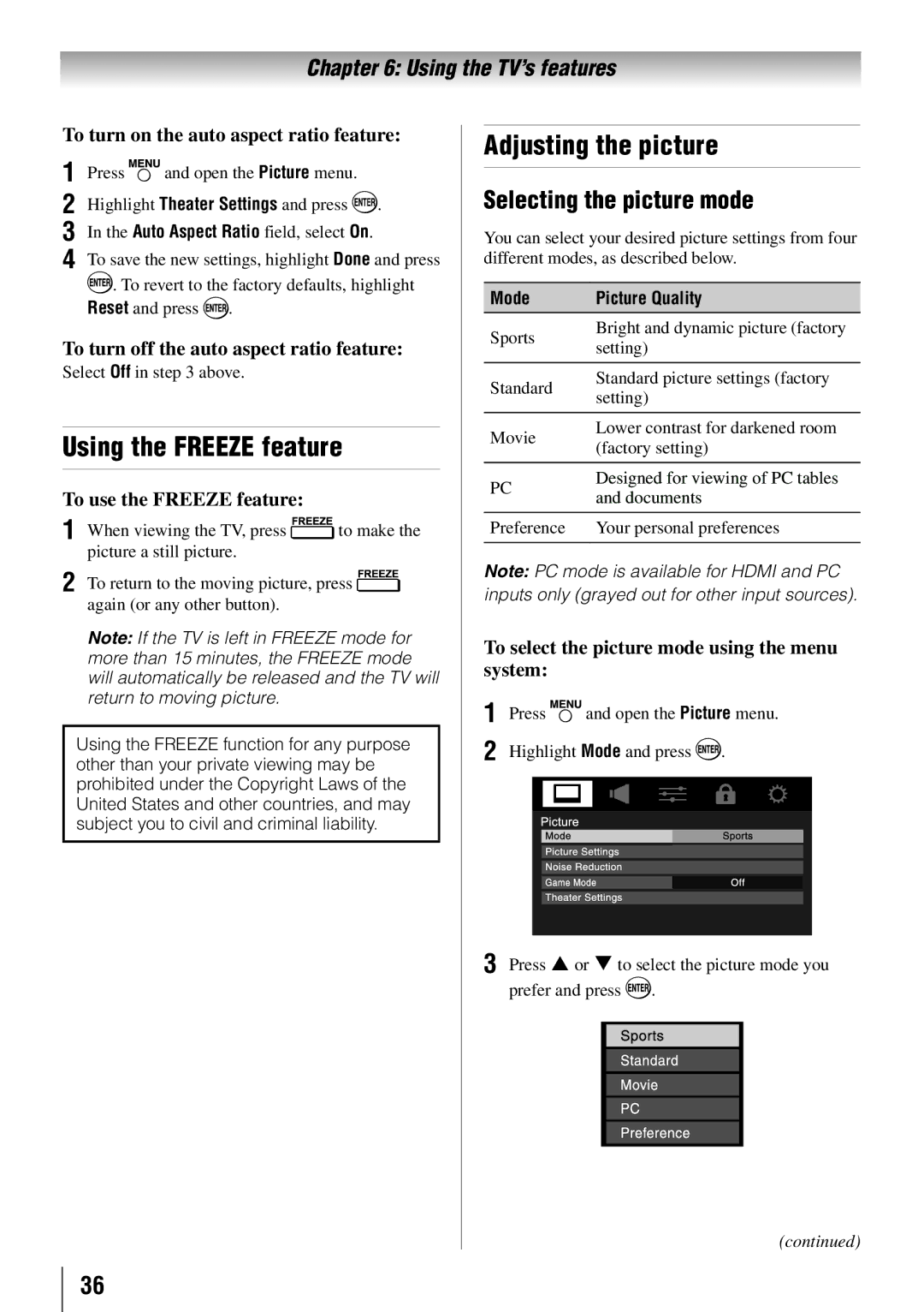 Toshiba 55HT1U owner manual Using the Freeze feature, Adjusting the picture, Selecting the picture mode 