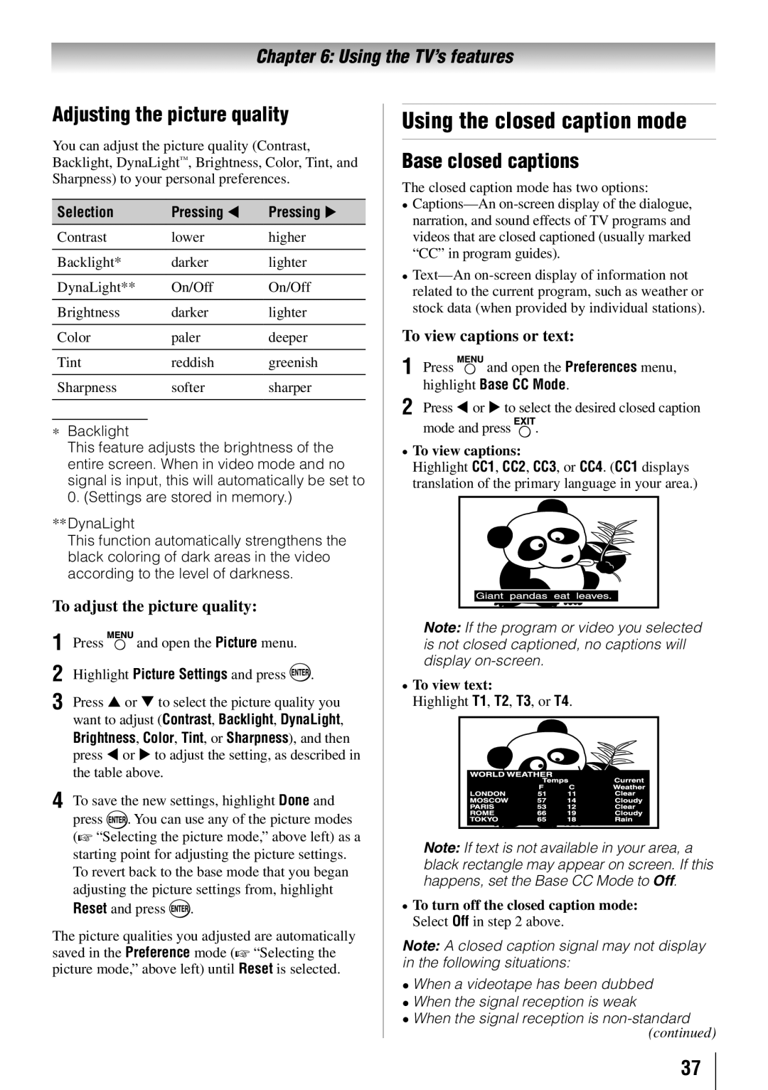 Toshiba 55HT1U owner manual Using the closed caption mode, Adjusting the picture quality, Base closed captions 