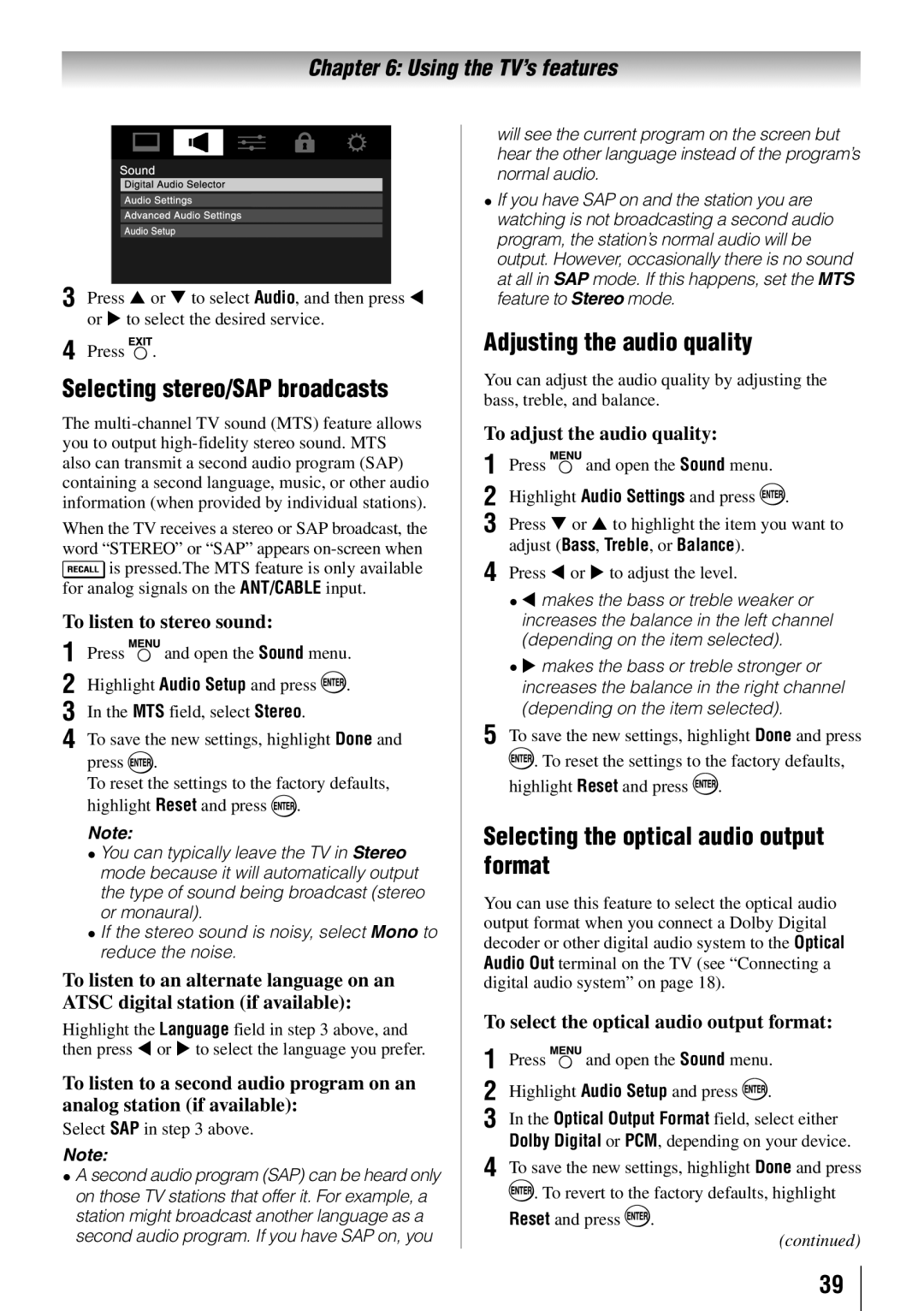 Toshiba 55HT1U Selecting stereo/SAP broadcasts, Adjusting the audio quality, Selecting the optical audio output format 