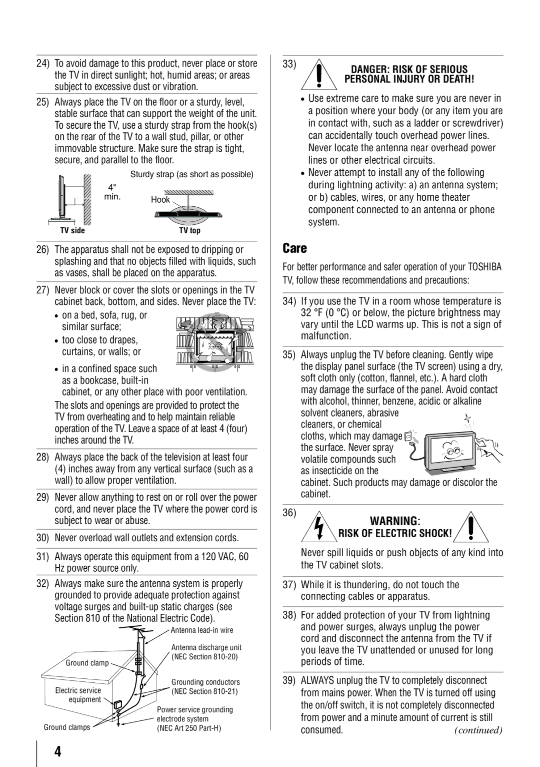 Toshiba 55HT1U owner manual Care, Cabinet, or any other place with poor ventilation 