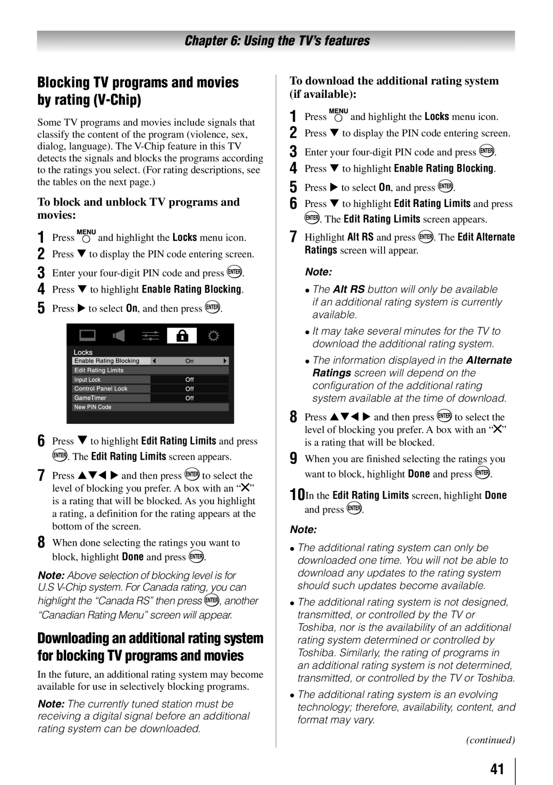 Toshiba 55HT1U owner manual Blocking TV programs and movies by rating V-Chip, To block and unblock TV programs and movies 