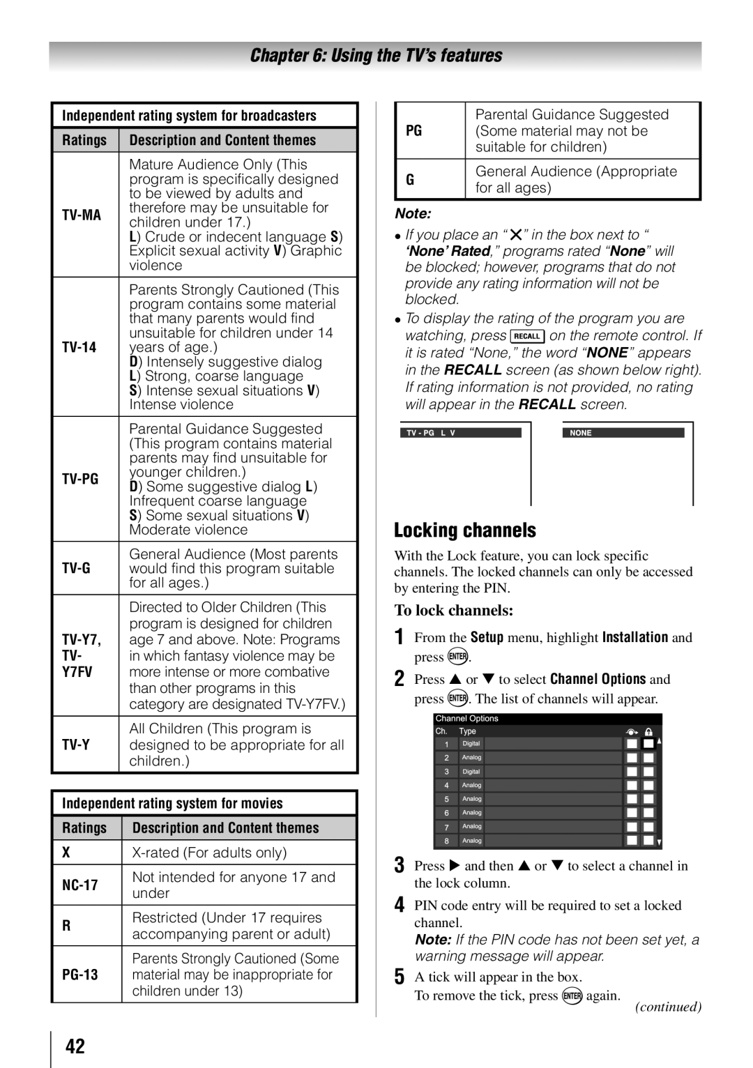 Toshiba 55HT1U owner manual Locking channels, To lock channels 