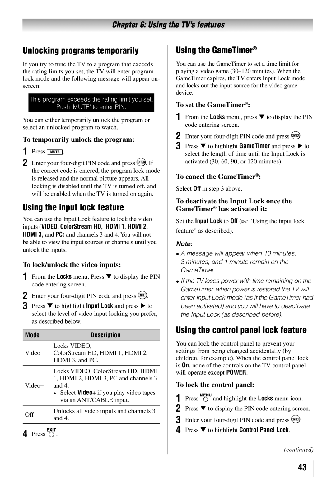 Toshiba 55HT1U owner manual Unlocking programs temporarily, Using the input lock feature, Using the GameTimer 