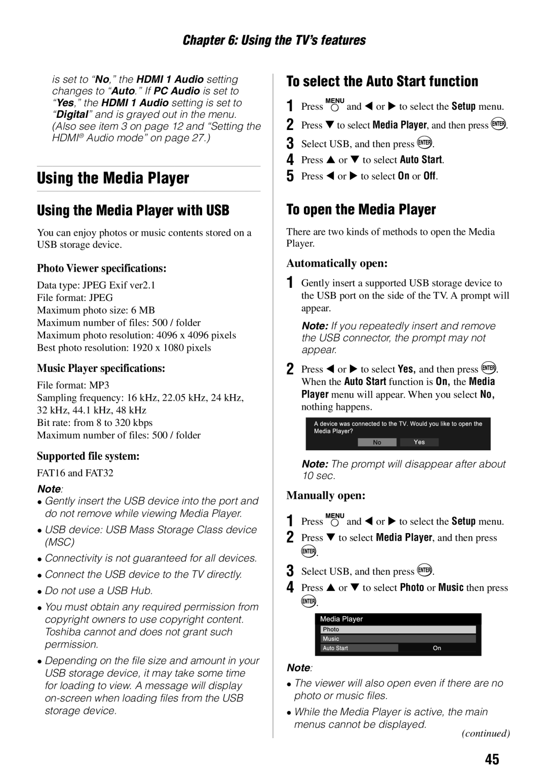 Toshiba 55HT1U Using the Media Player with USB, To select the Auto Start function, To open the Media Player 