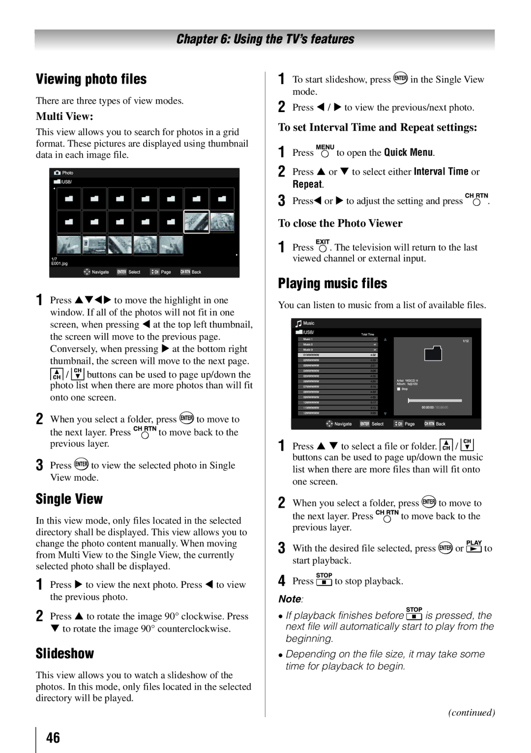 Toshiba 55HT1U owner manual Viewing photo files, Single View, Slideshow, Playing music files 