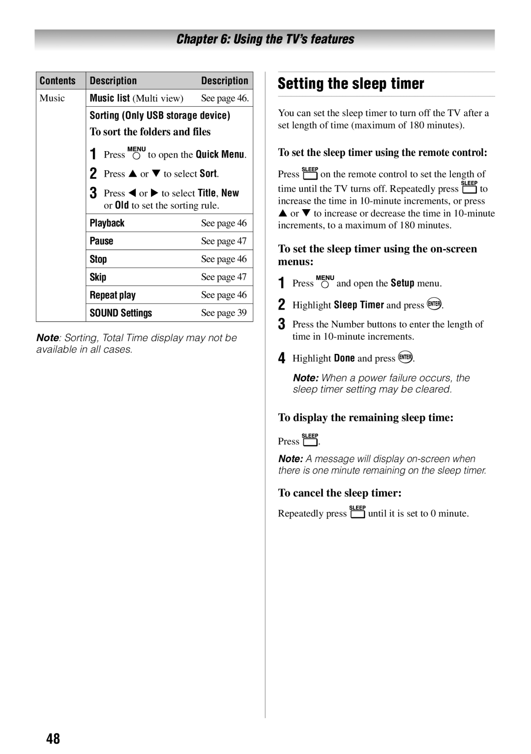 Toshiba 55HT1U Setting the sleep timer, To set the sleep timer using the remote control, To cancel the sleep timer 