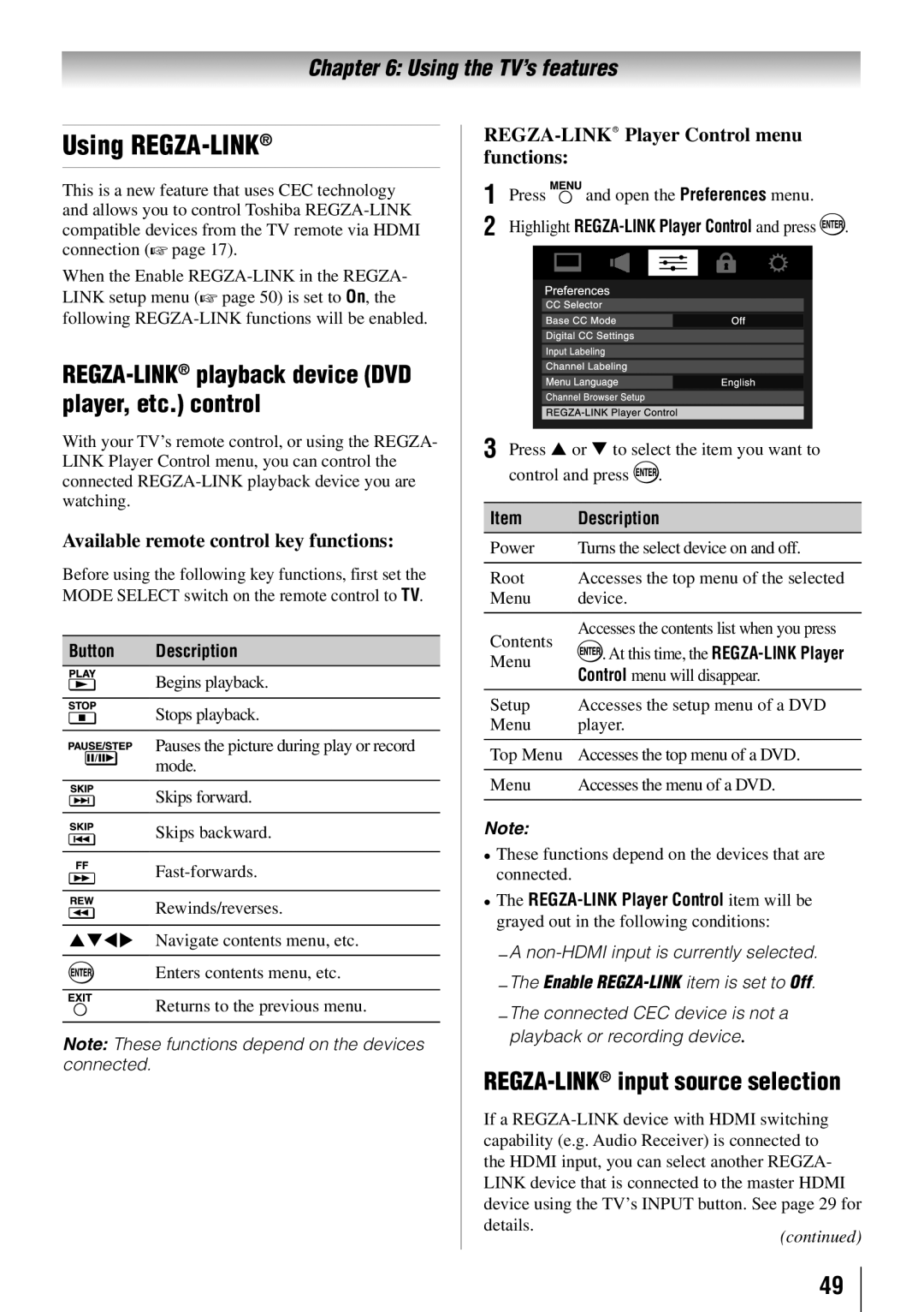 Toshiba 55HT1U Using REGZA-LINK, REGZA-LINKplayback device DVD player, etc. control, REGZA-LINKinput source selection 