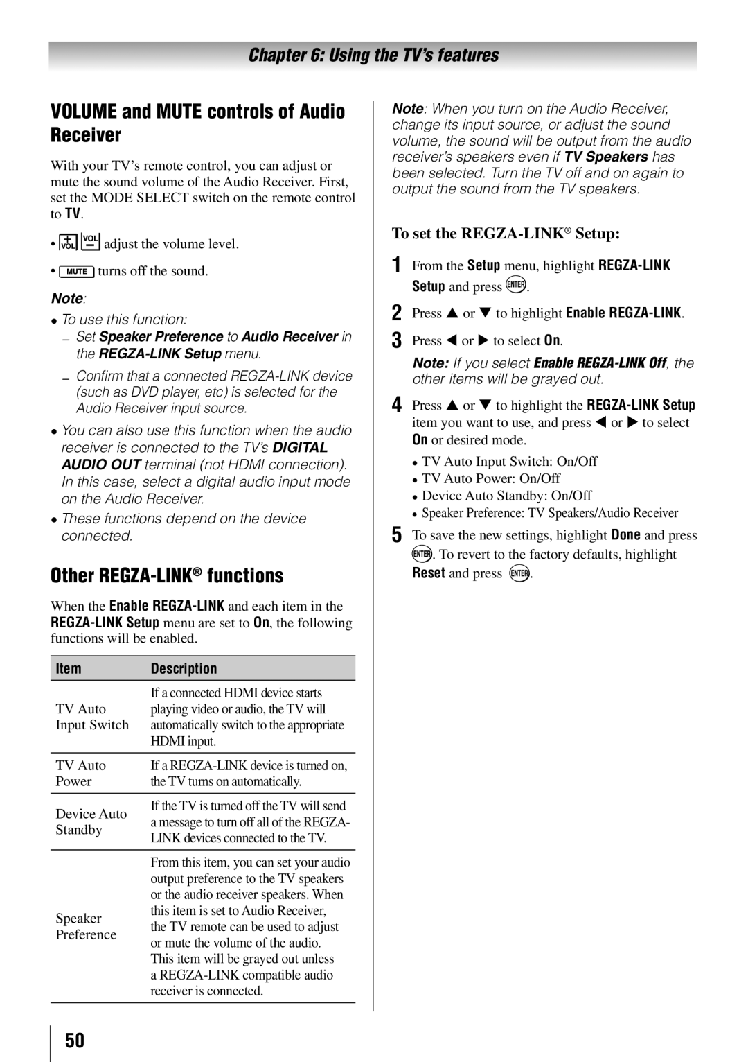 Toshiba 55HT1U Volume and Mute controls of Audio Receiver, Other REGZA-LINKfunctions, To set the REGZA-LINKSetup 