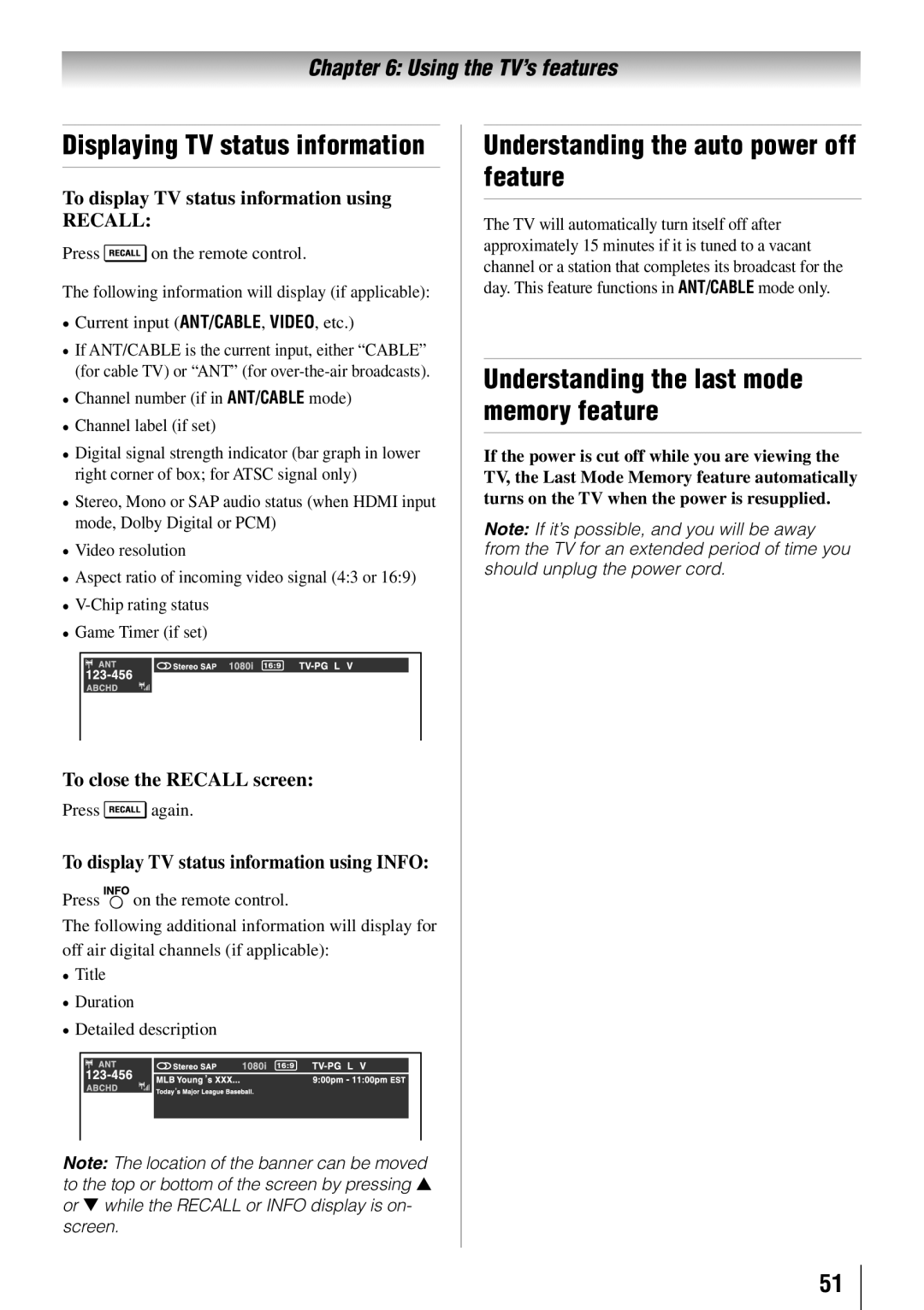 Toshiba 55HT1U owner manual Displaying TV status information, Understanding the auto power off feature 