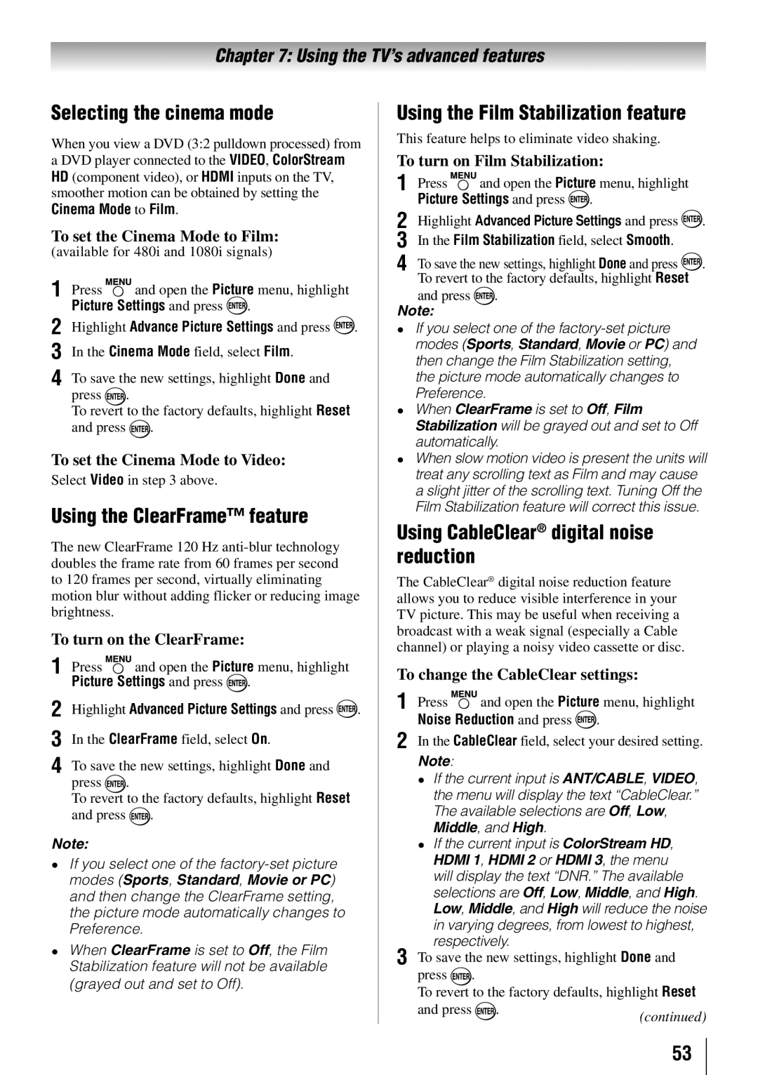 Toshiba 55HT1U owner manual Selecting the cinema mode, Using the ClearFrame feature, Using the Film Stabilization feature 