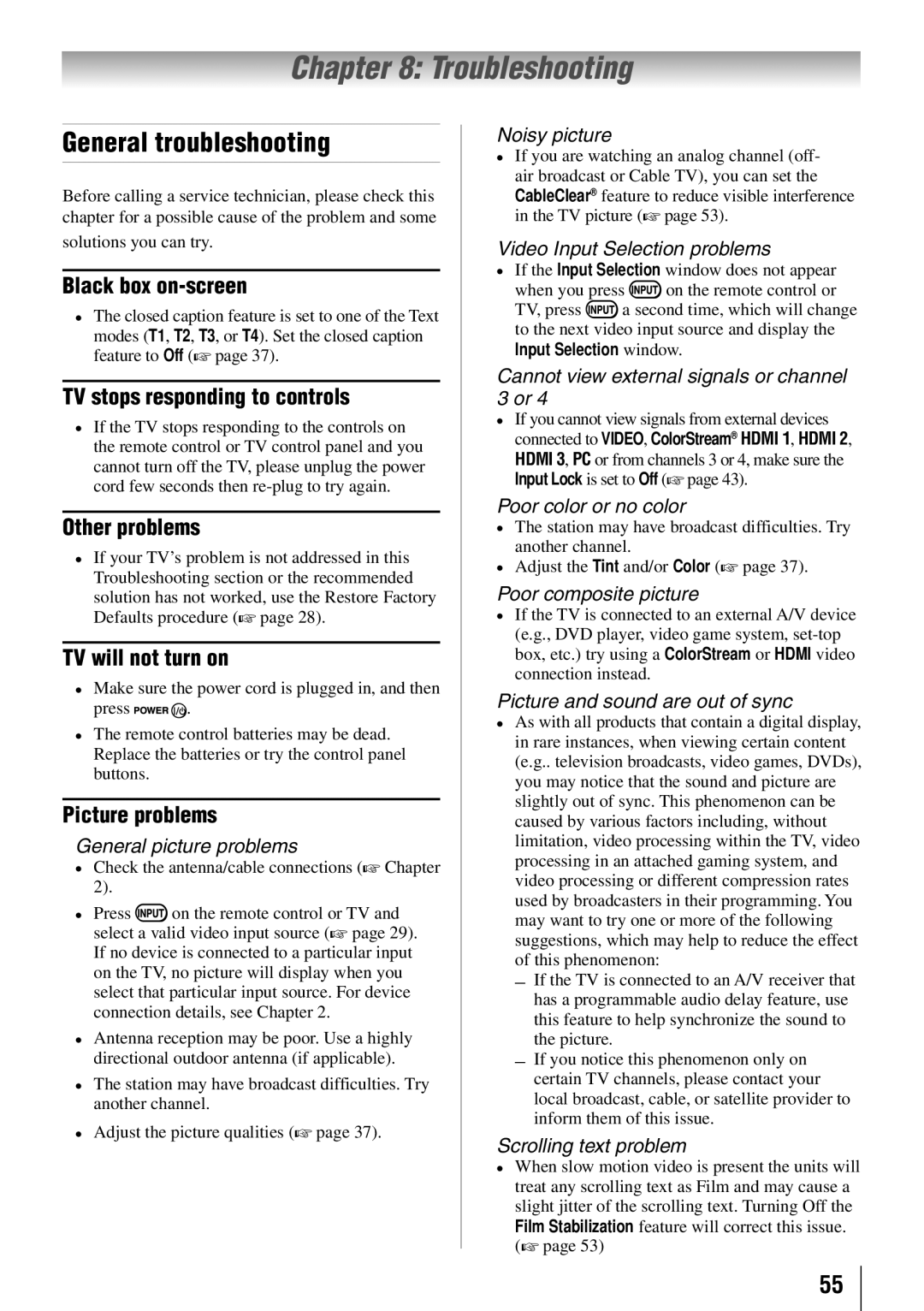 Toshiba 55HT1U owner manual Troubleshooting, General troubleshooting 