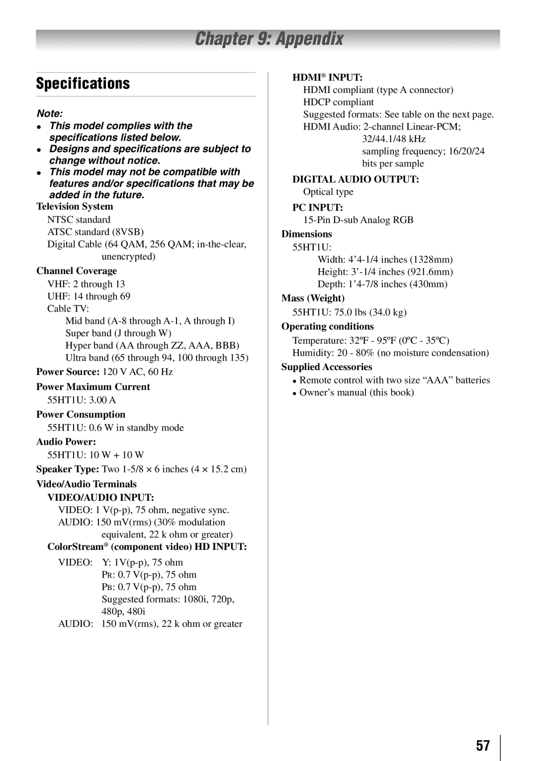 Toshiba 55HT1U owner manual Appendix, Specifications 