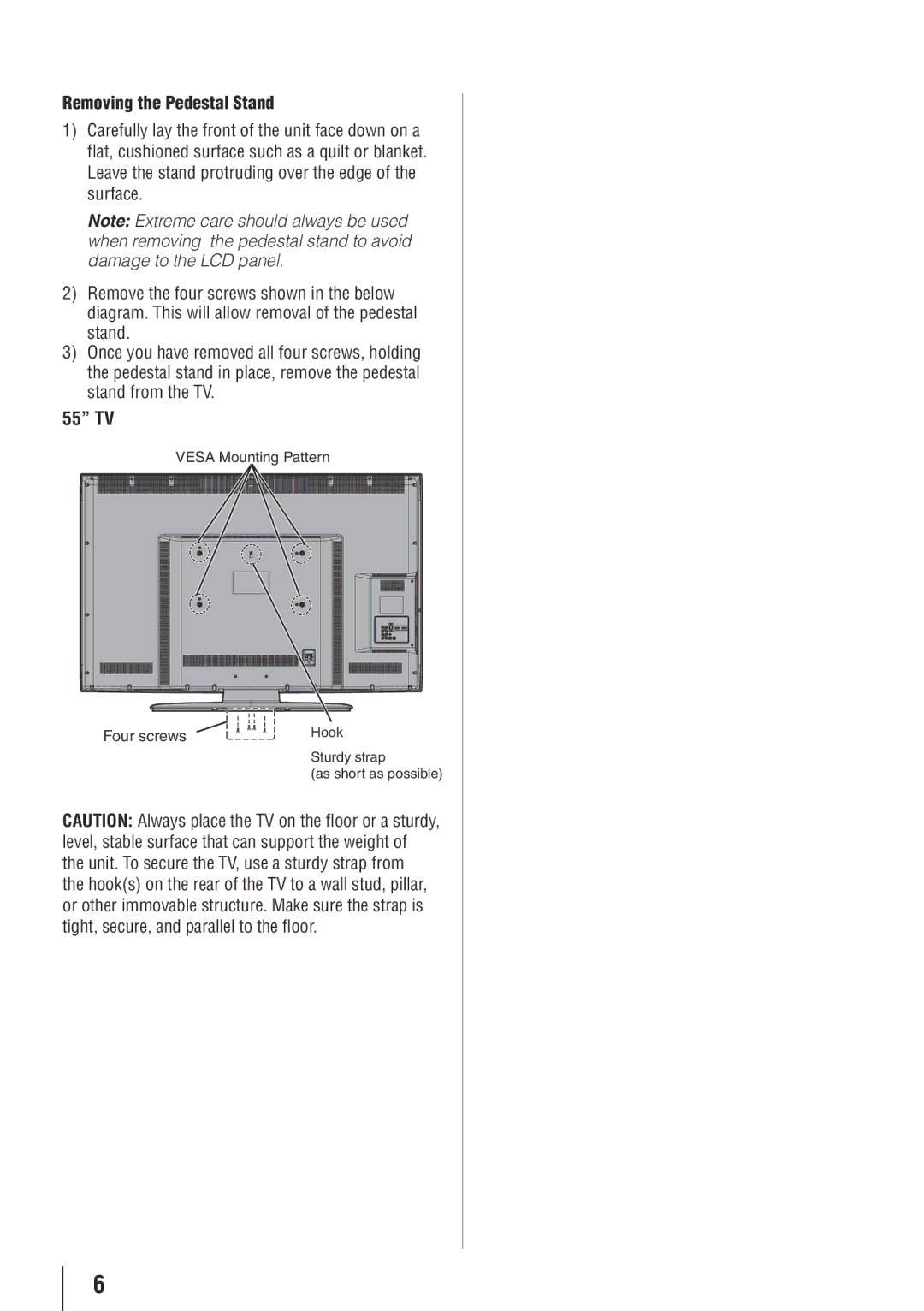 Toshiba 55HT1U owner manual Removing the Pedestal Stand, 55 TV 