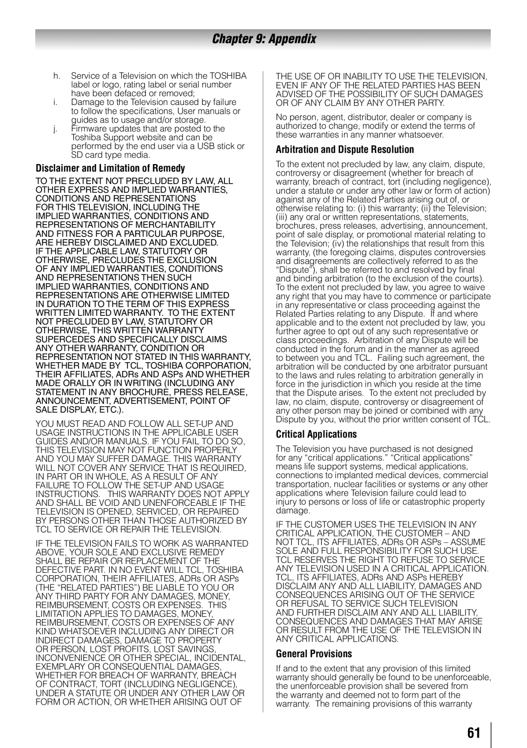 Toshiba 55HT1U owner manual Disclaimer and Limitation of Remedy, Arbitration and Dispute Resolution, Critical Applications 