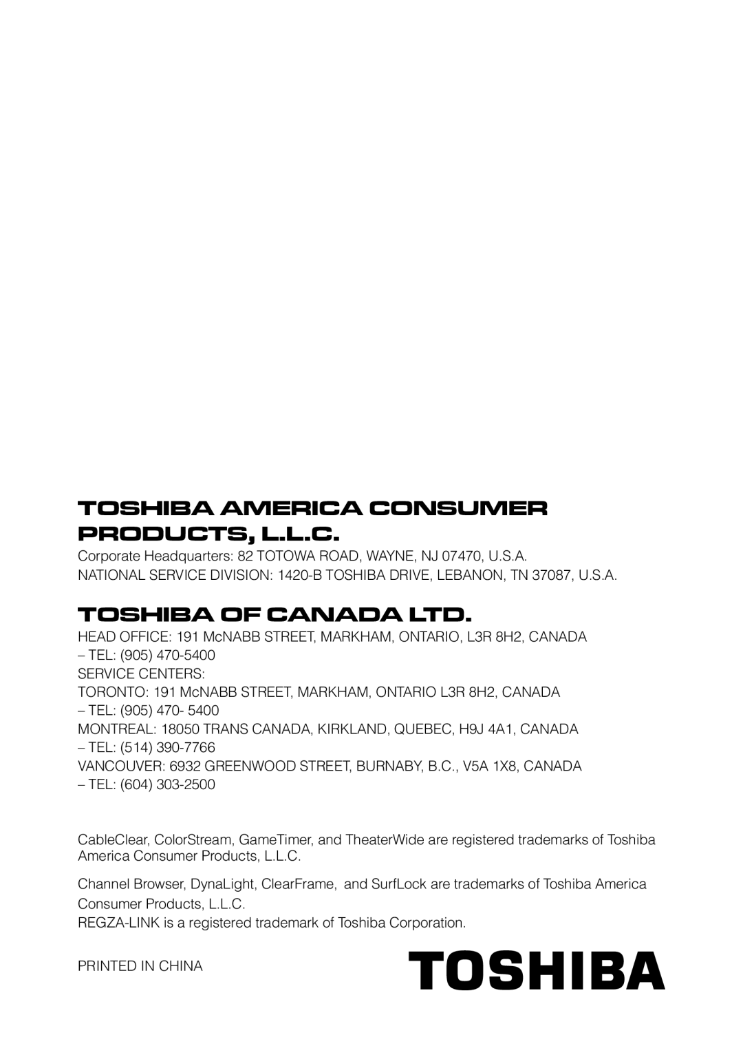 Toshiba 55HT1U owner manual Toshiba America Consumer PRODUCTS, L.L.C 