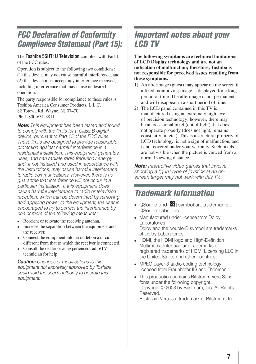 Toshiba 55HT1U owner manual Important notes about your, Trademark Information 