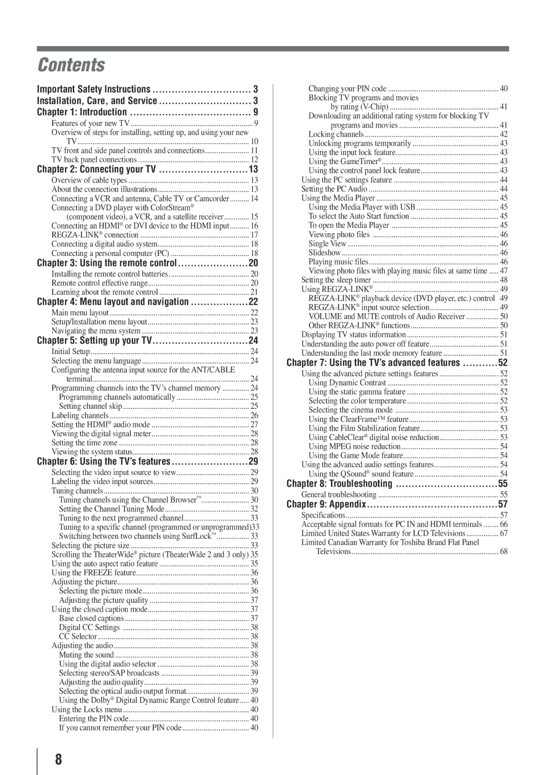 Toshiba 55HT1U owner manual Contents 