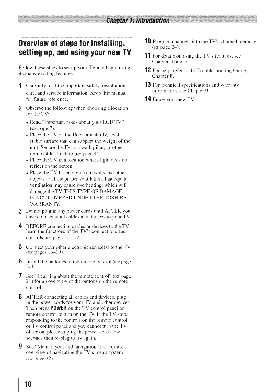 Toshiba 55HT1U manual Overview of steps for installing, Setting up, and using your new TV 