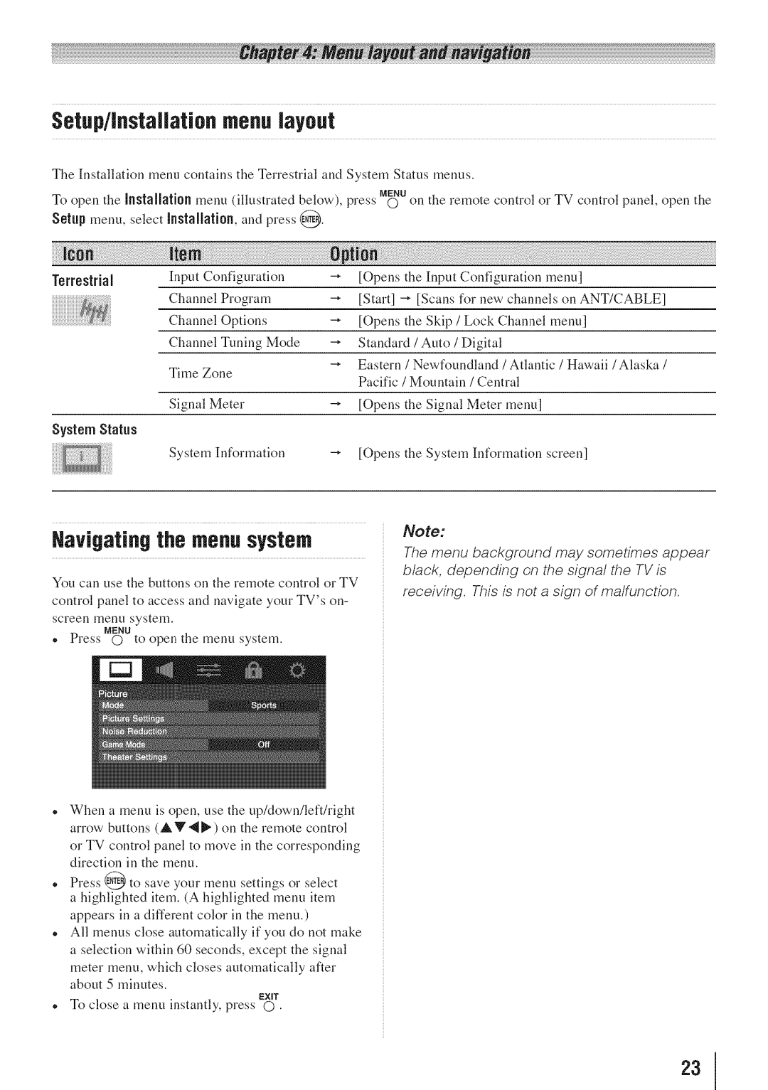 Toshiba 55HT1U manual Setup/InstaRaUonmenulayout, Navigatingthe menusystem, Terrestrial Nput, Opens Nput 