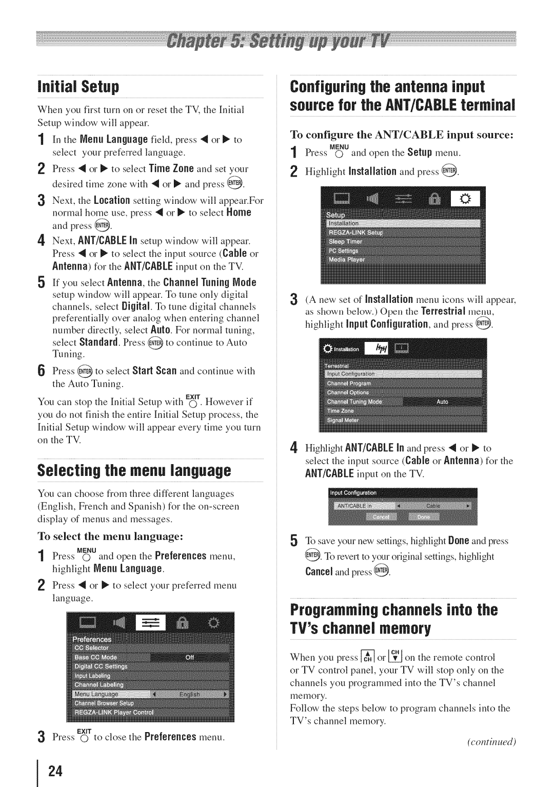 Toshiba 55HT1U manual $elecUng the menulanguage, Programmingchannels into the TVschannel memory, Initial Setup 