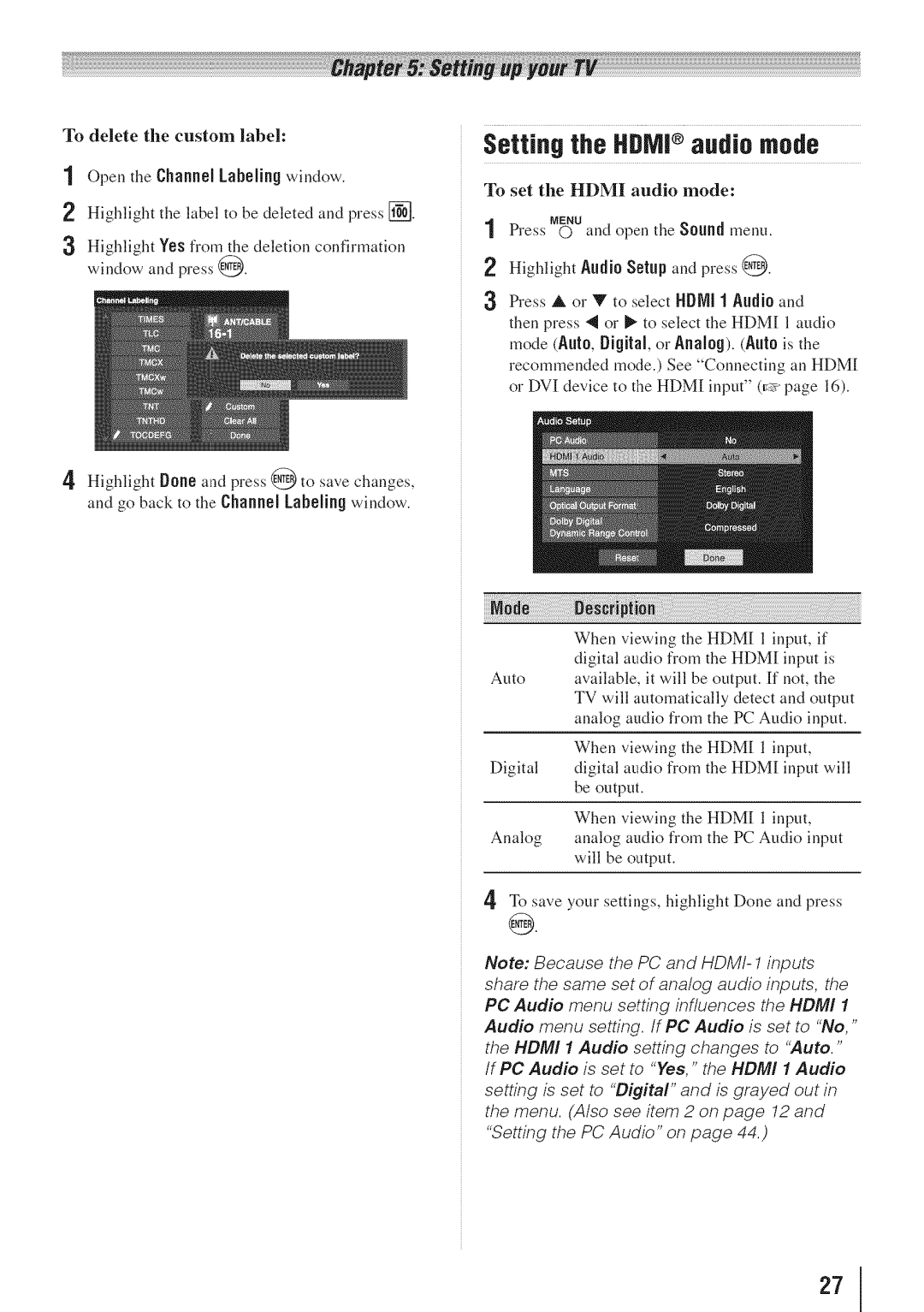 Toshiba 55HT1U manual Setting the HDN! audio mode, To delete the custom label 