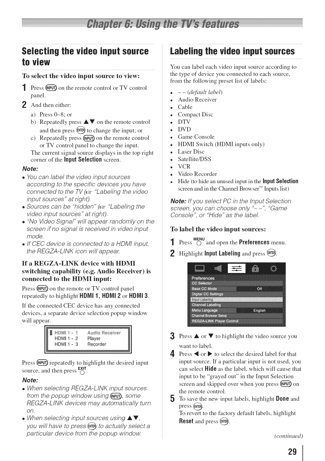 Toshiba 55HT1U manual SelecUngthe video input source, Labelingthe video input sources, To view, @mlr label 