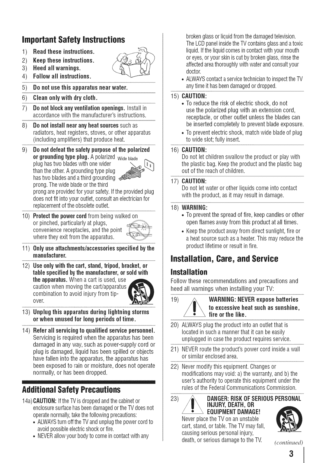 Toshiba 55HT1U ImportantSafety instructions, AdditionalSafetyPrecautions, InstaflaUon,Care, and Service, Installation 