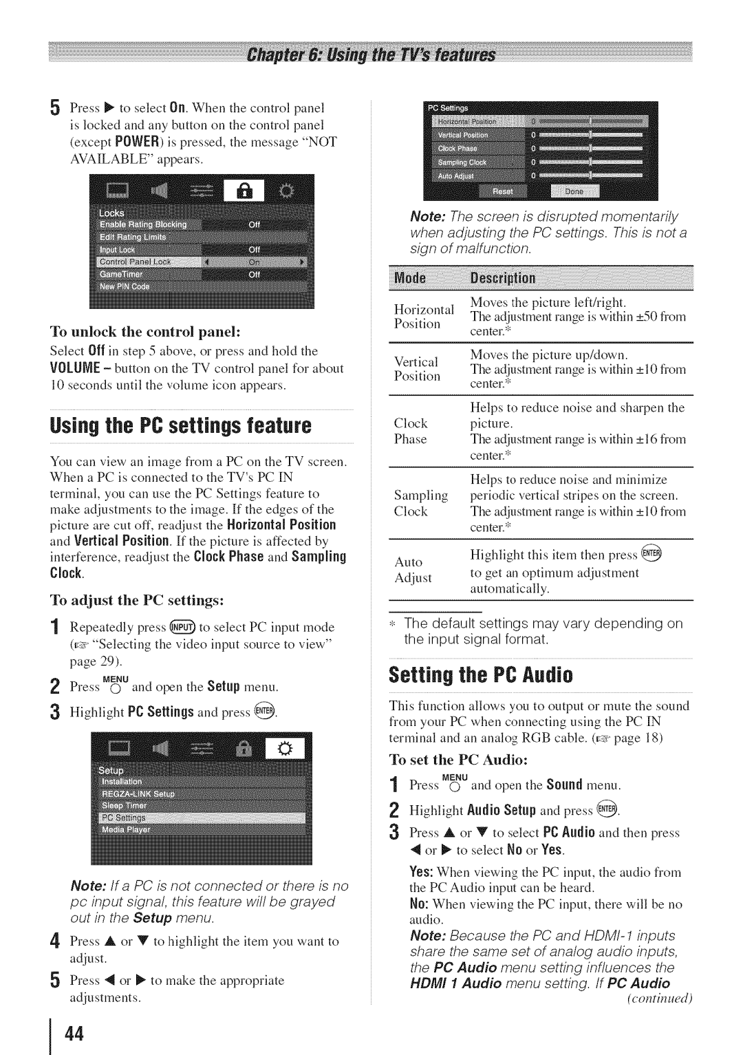 Toshiba 55HT1U manual Usingthe PCsettings feature, Setting the PC Audio 