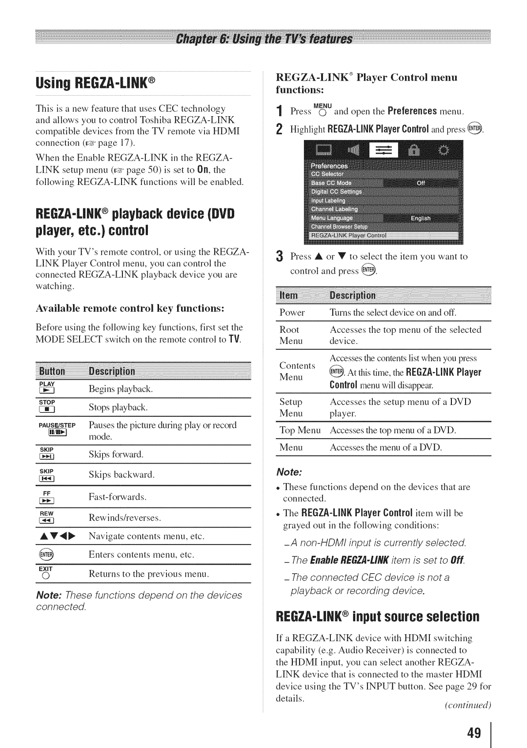 Toshiba 55HT1U manual REGZA-LiRRplayback deviceDVD player, etc. control, REGZA-LIR inputsource seiecUon 