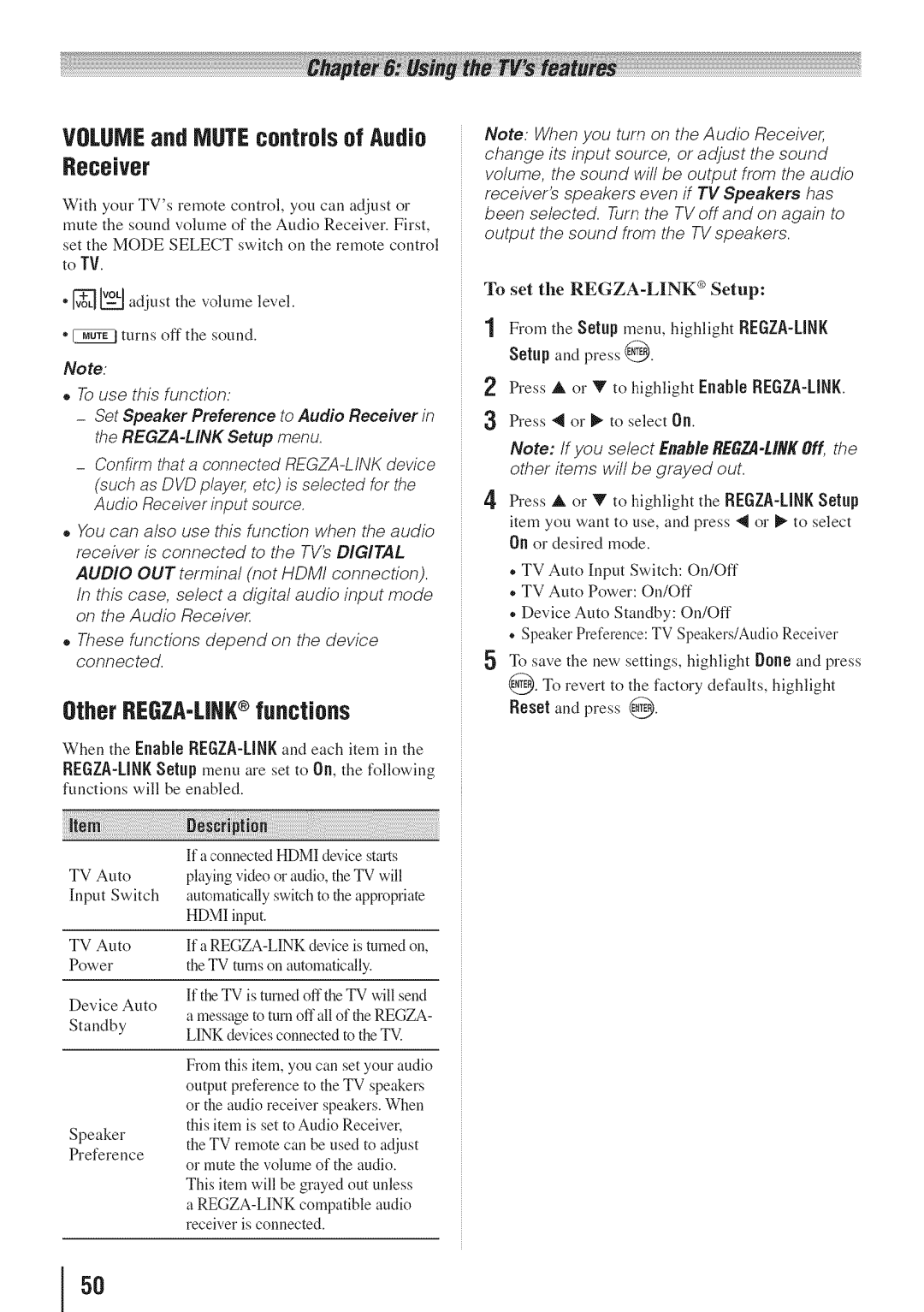 Toshiba 55HT1U manual Volume and Mute controls of Audio Receiver, Other REGZA-LIHRfunctions 