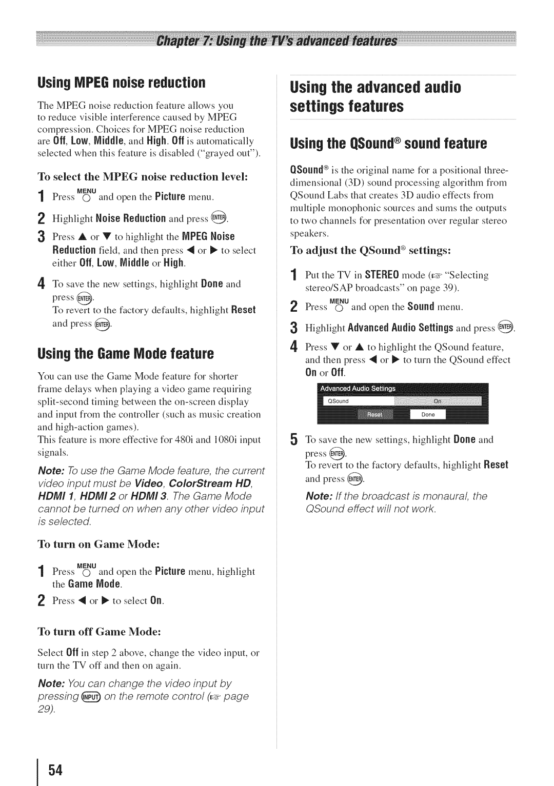 Toshiba 55HT1U manual Settings features, UsingNPEGnoisereduction, Usingthe GameNode feature, Usingthe QSound soundfeature 