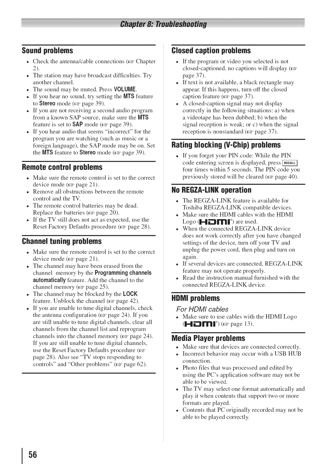 Toshiba 55HT1U manual Soundproblems, Remote control problems, Channeltuning proNems, Closedcaption problems, Hdni problems 