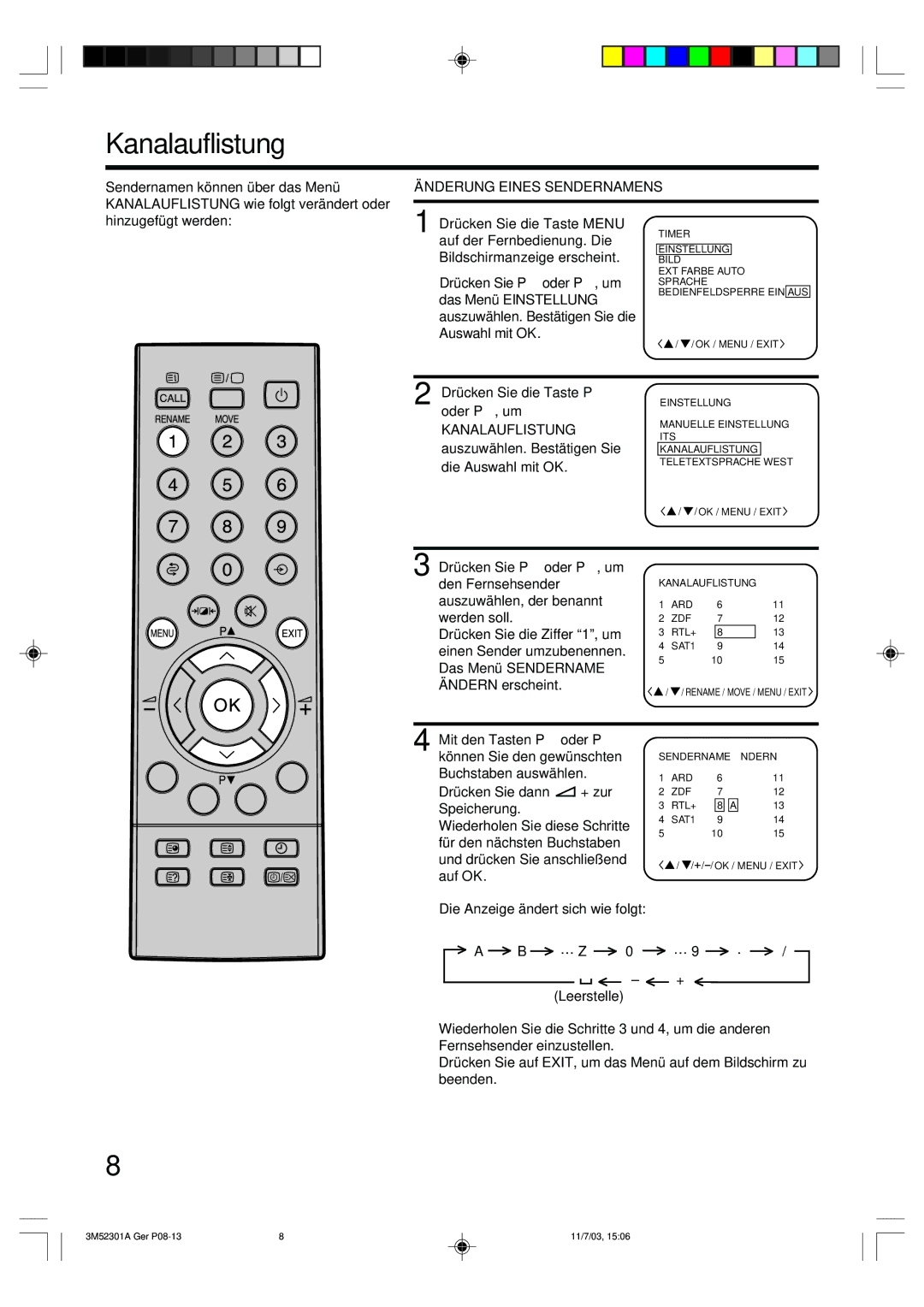 Toshiba 55M21D manual Kanalauflistung, Änderung Eines Sendernamens 