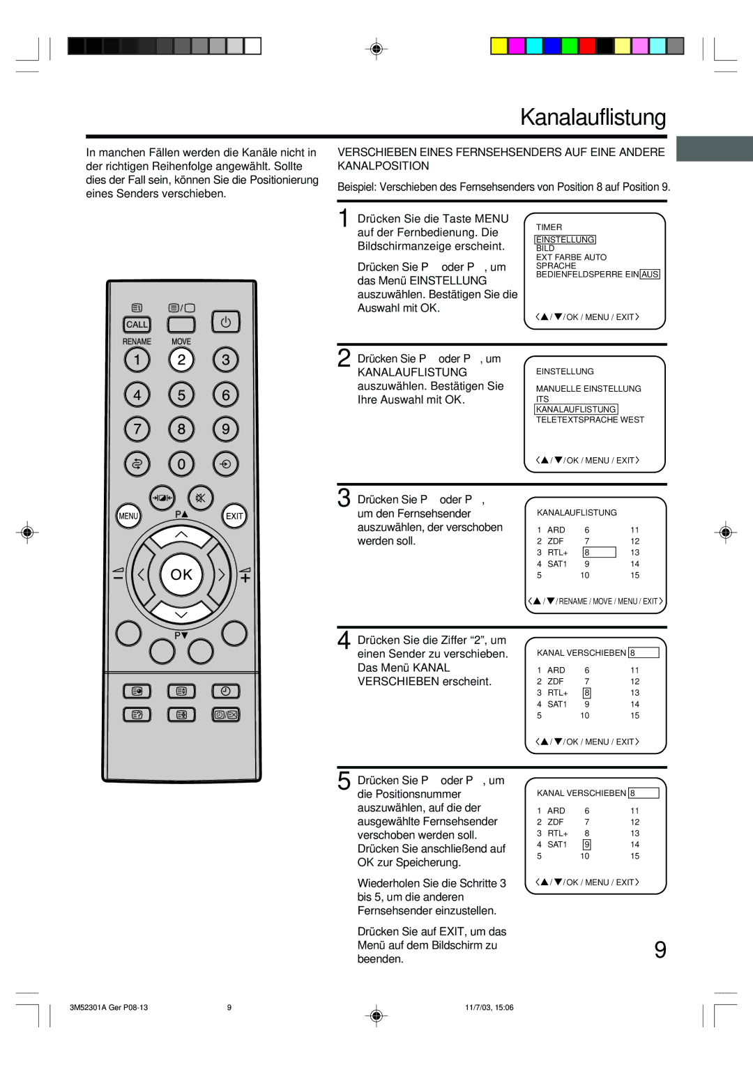 Toshiba 55M21D manual Kanalauflistung 