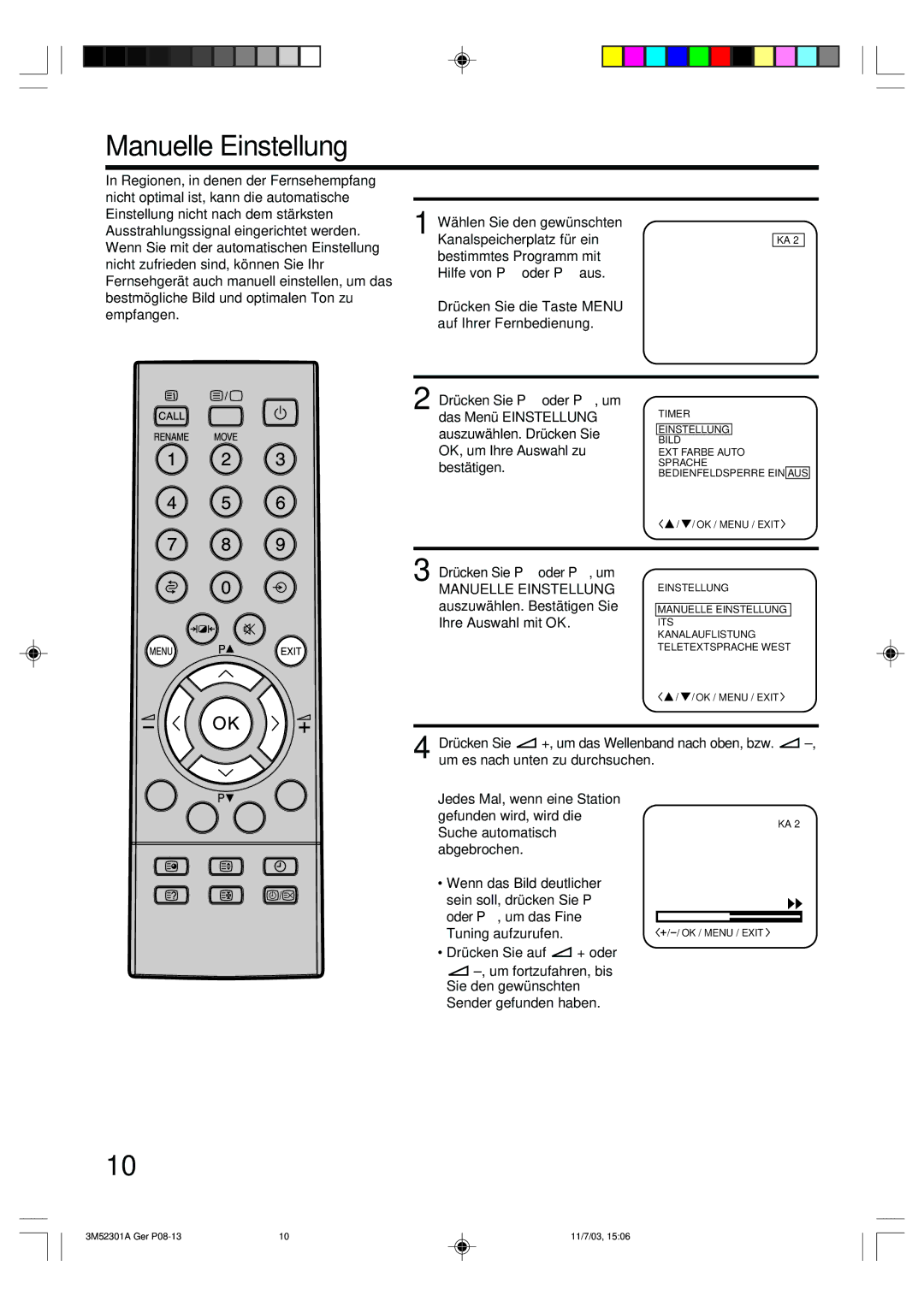 Toshiba 55M21D manual Manuelle Einstellung, Tuning aufzurufen 