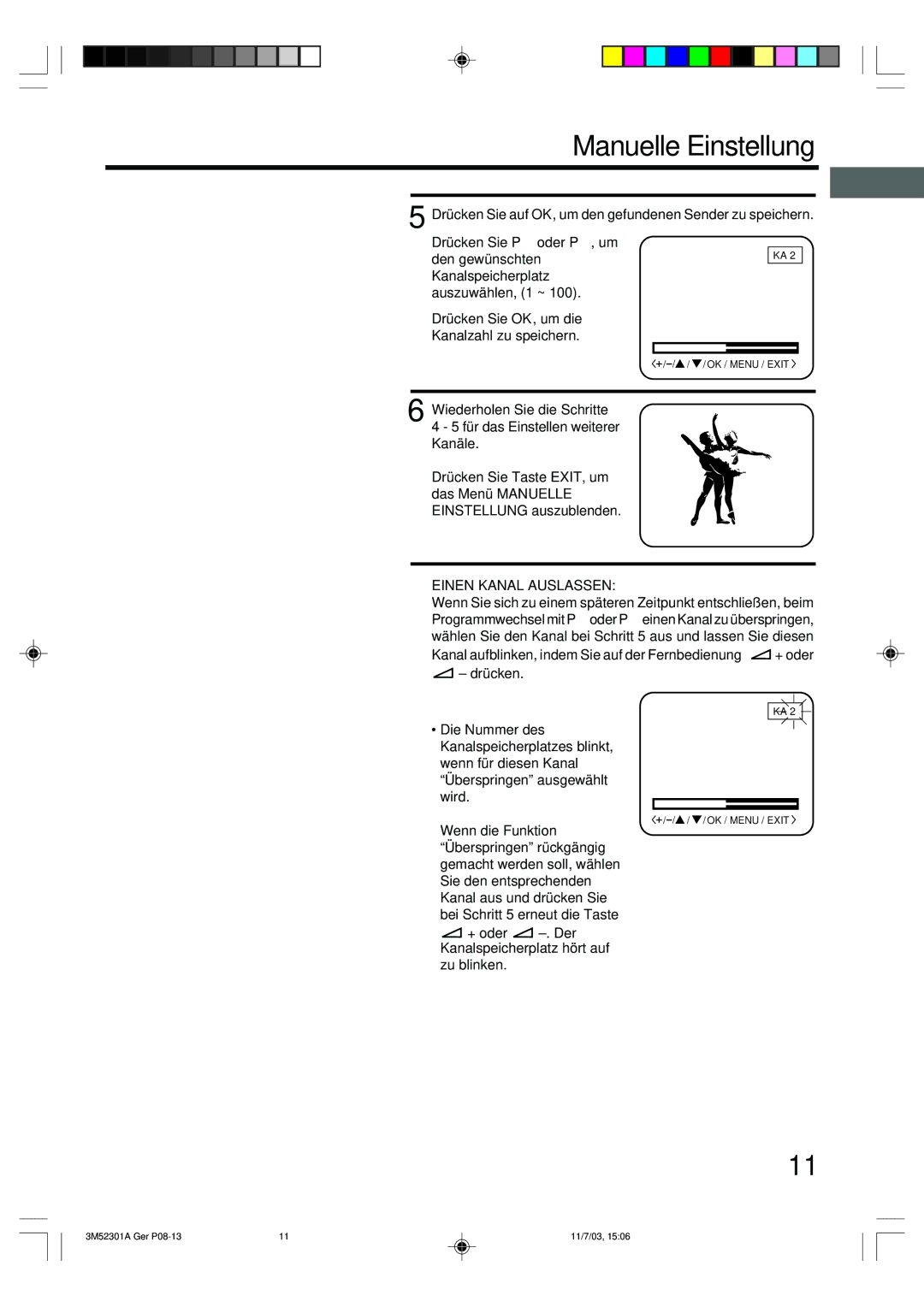 Toshiba 55M21D manual Manuelle Einstellung, Einen Kanal Auslassen, Wenn die Funktion 