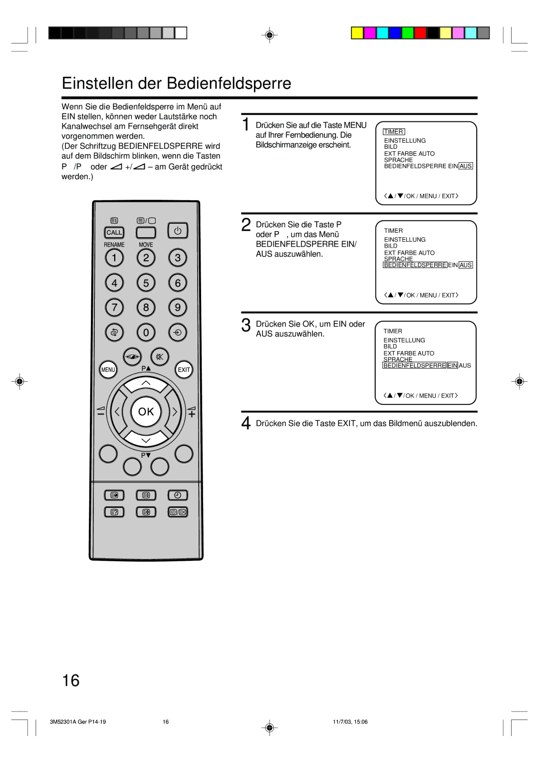 Toshiba 55M21D manual Einstellen der Bedienfeldsperre, Bedienfeldsperre EIN 