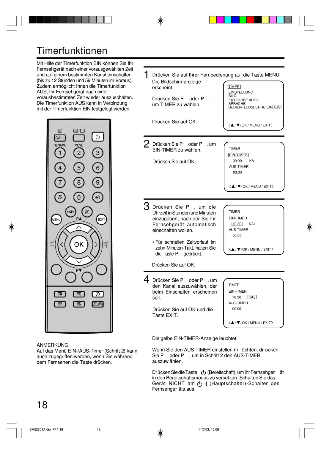 Toshiba 55M21D manual Timerfunktionen, Gerät Nicht am Hauptschalter-Schalter des Fernsehgeräts aus 