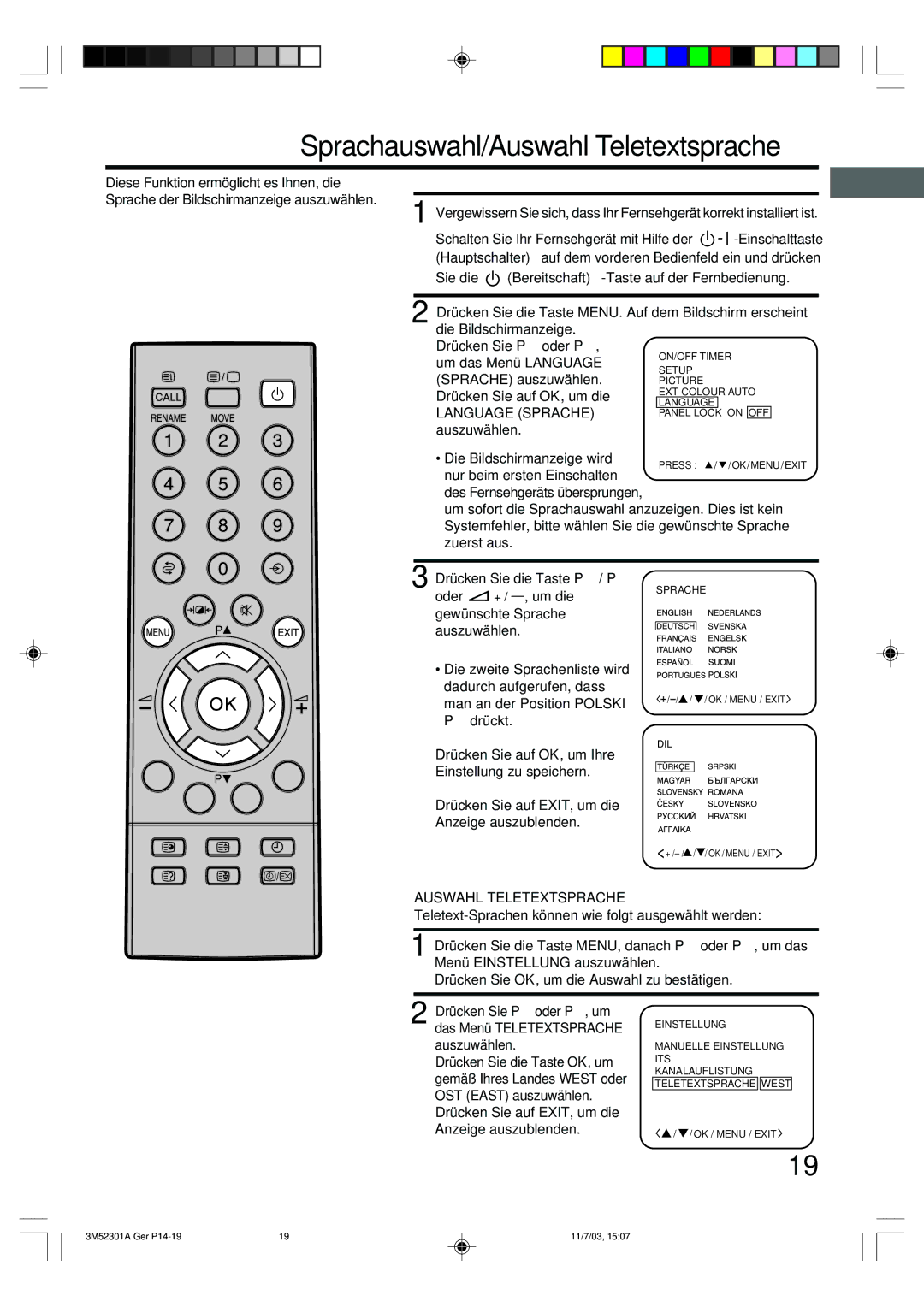 Toshiba 55M21D manual Sprachauswahl/Auswahl Teletextsprache 