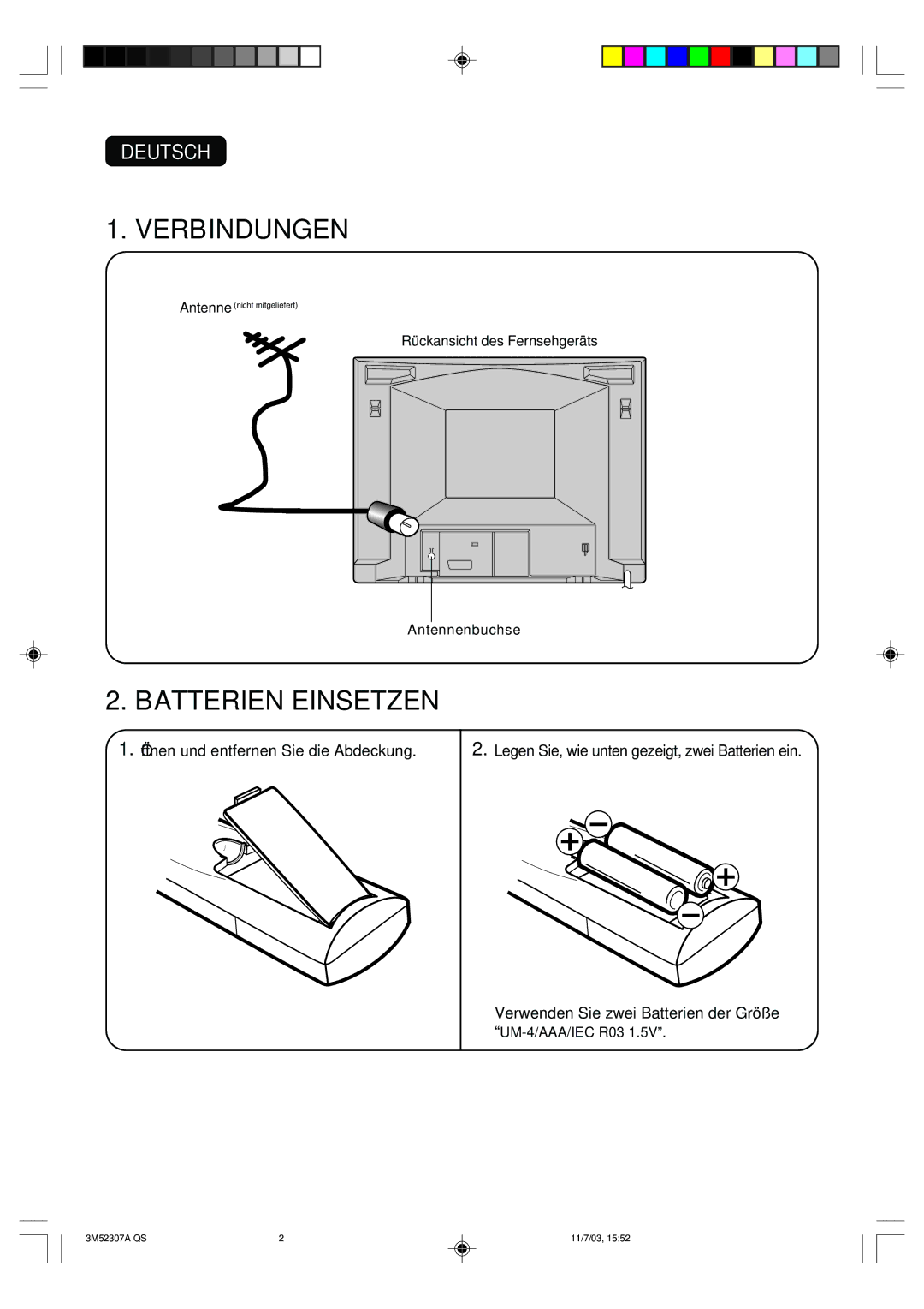 Toshiba 55M21D manual Antennenbuchse, Verwenden Sie zwei Batterien der Größe UM-4/AAA/IEC R03 