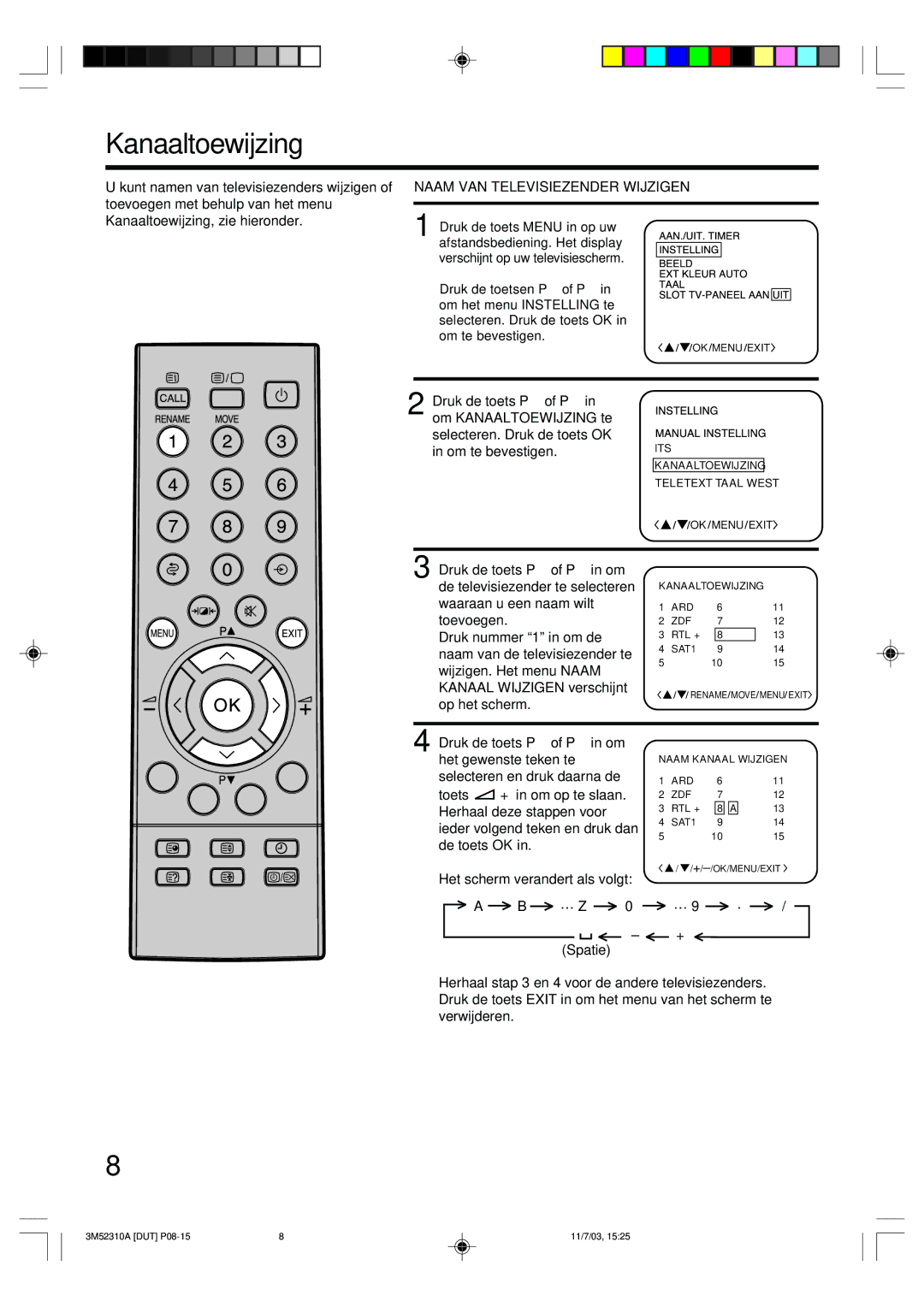 Toshiba 55M21D manual Kanaaltoewijzing, Naam VAN Televisiezender Wijzigen 