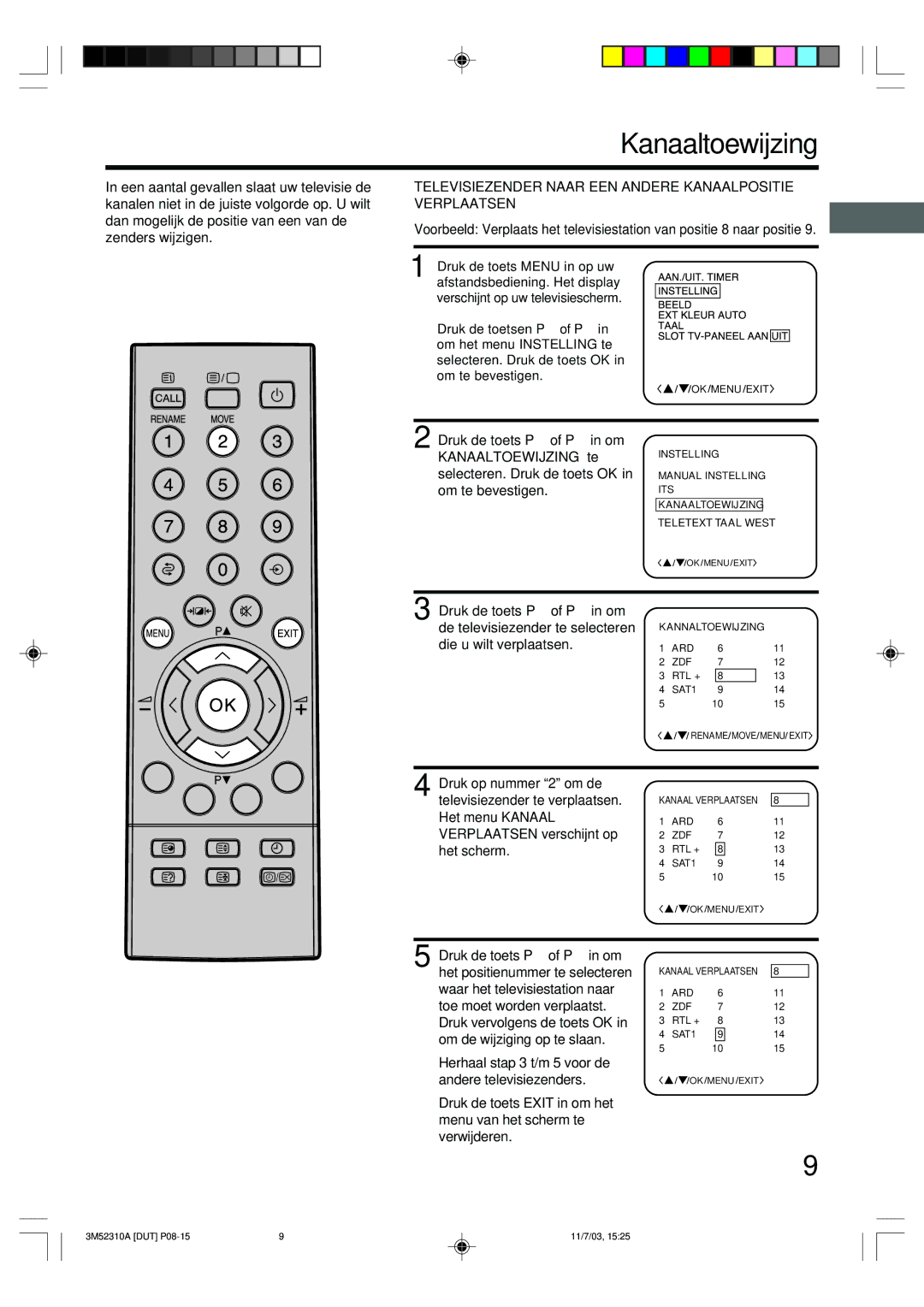 Toshiba 55M21D manual Kanaaltoewijzing, Televisiezender Naar EEN Andere Kanaalpositie Verplaatsen 