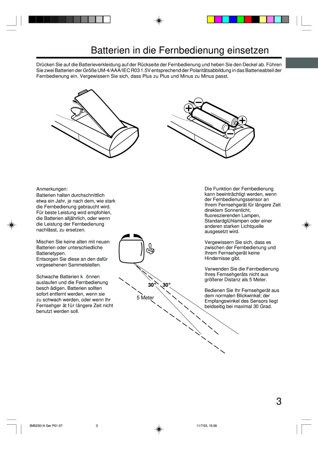 Toshiba 55M21D manual Batterien in die Fernbedienung einsetzen 