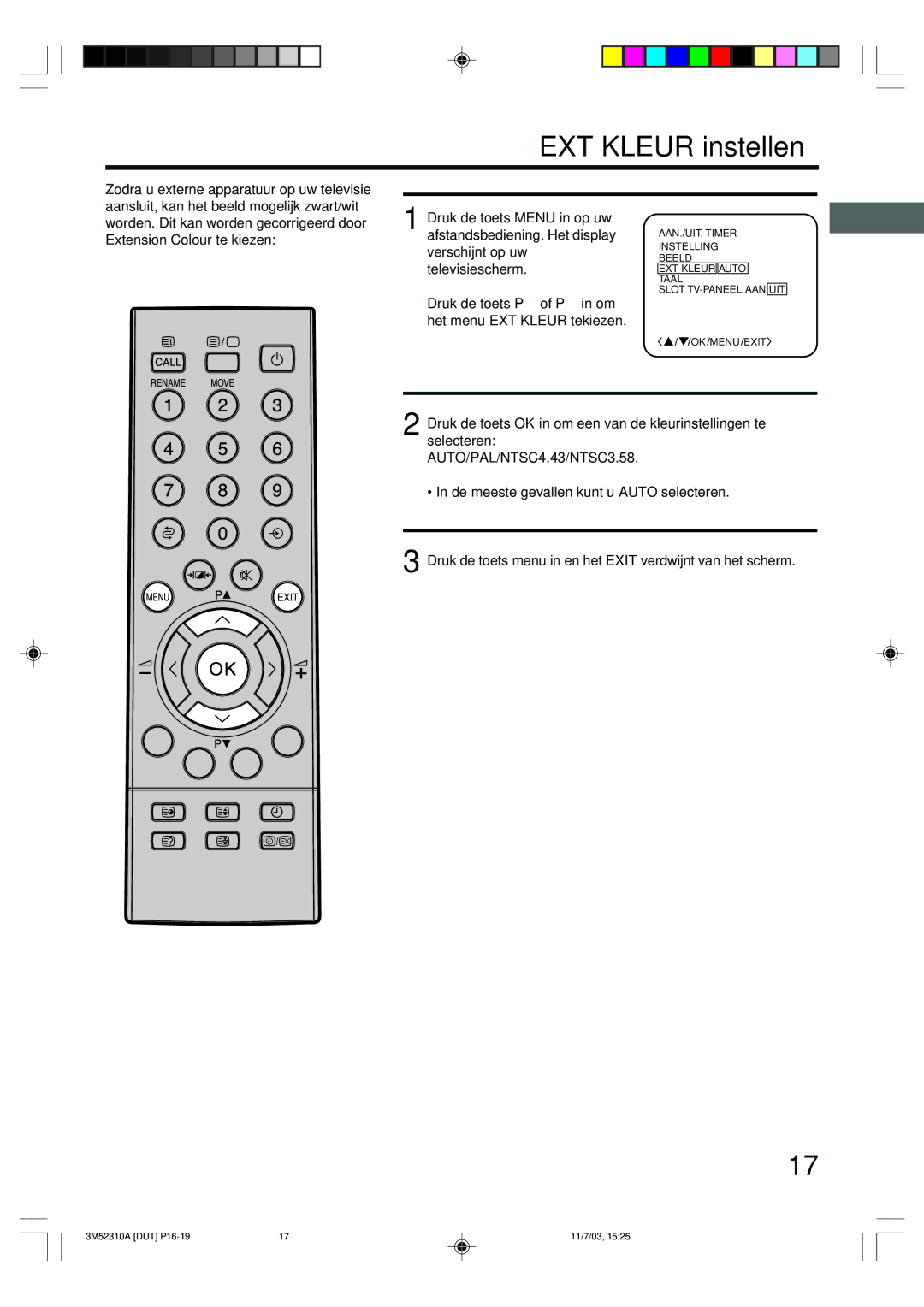 Toshiba 55M21D manual EXT Kleur instellen, AUTO/PAL/NTSC4.43/NTSC3.58 