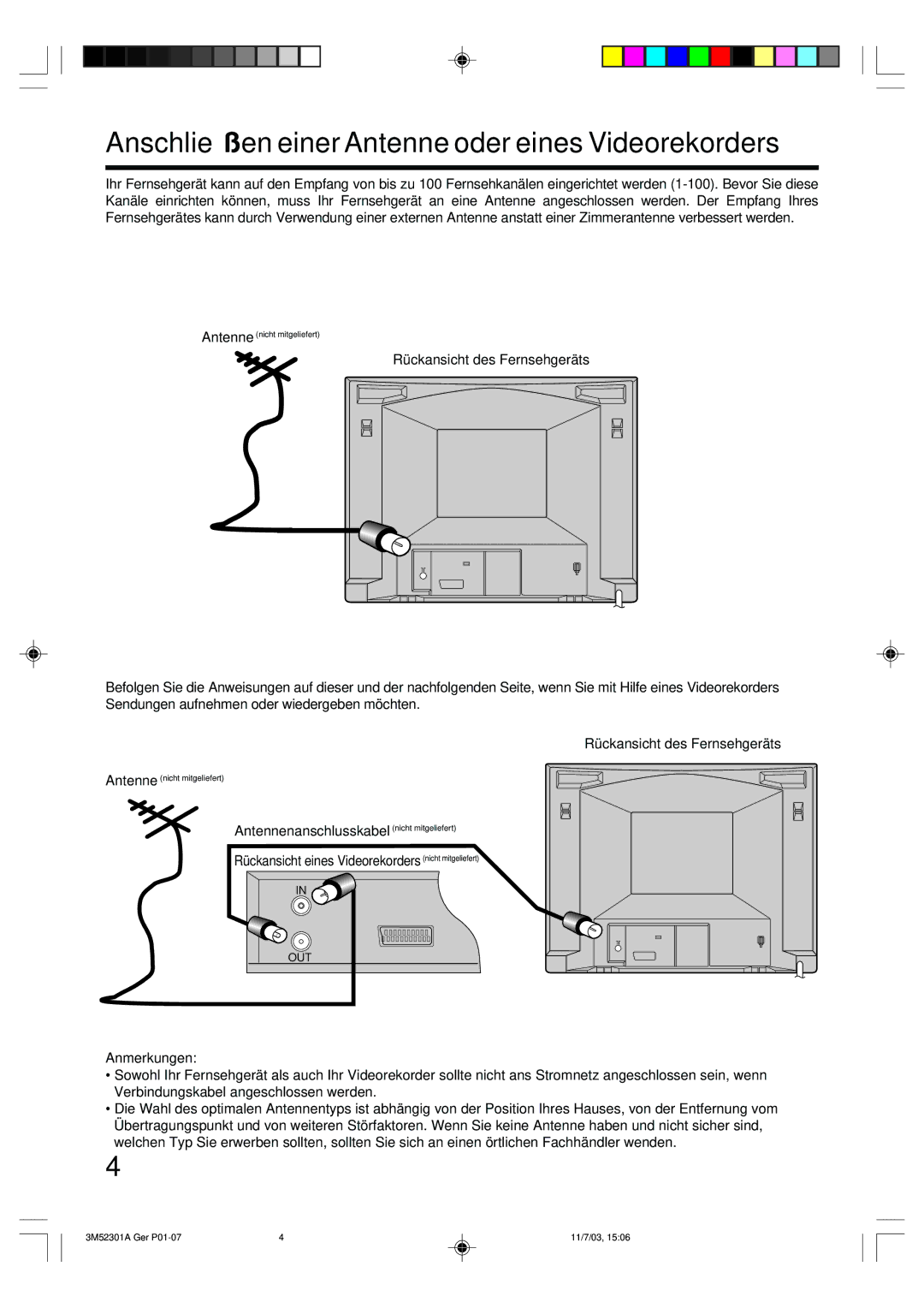 Toshiba 55M21D manual Anschließen einer Antenne oder eines Videorekorders 