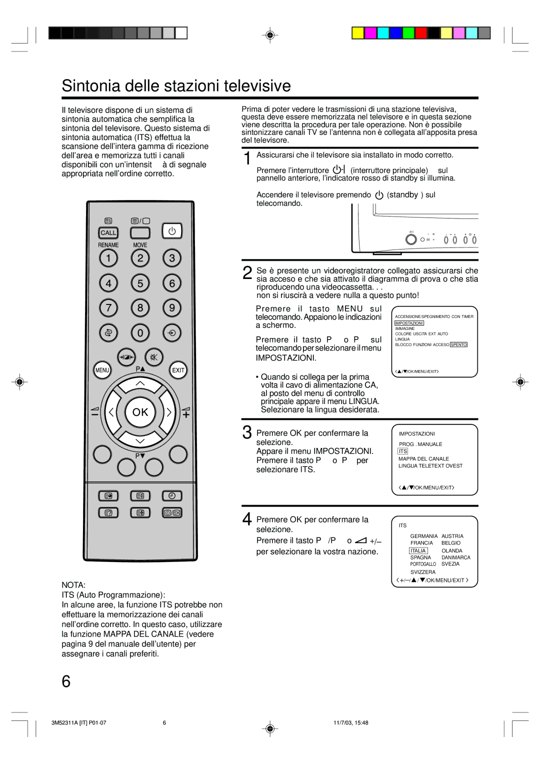 Toshiba 55M21D Sintonia delle stazioni televisive, Standby sul, Impostazioni, Premere OK per confermare la Selezione, Nota 