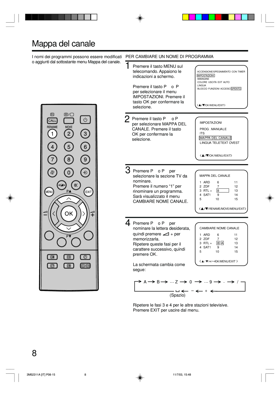 Toshiba 55M21D manual Mappa del canale, PER Cambiare UN Nome DI Programma, Cambiare Nome Canale 